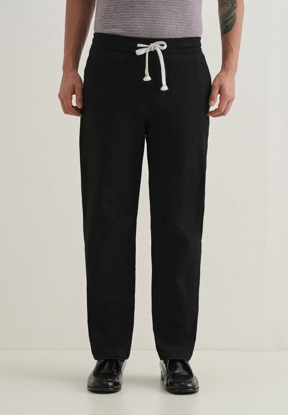Black Drawstring Cotton Linen Pant