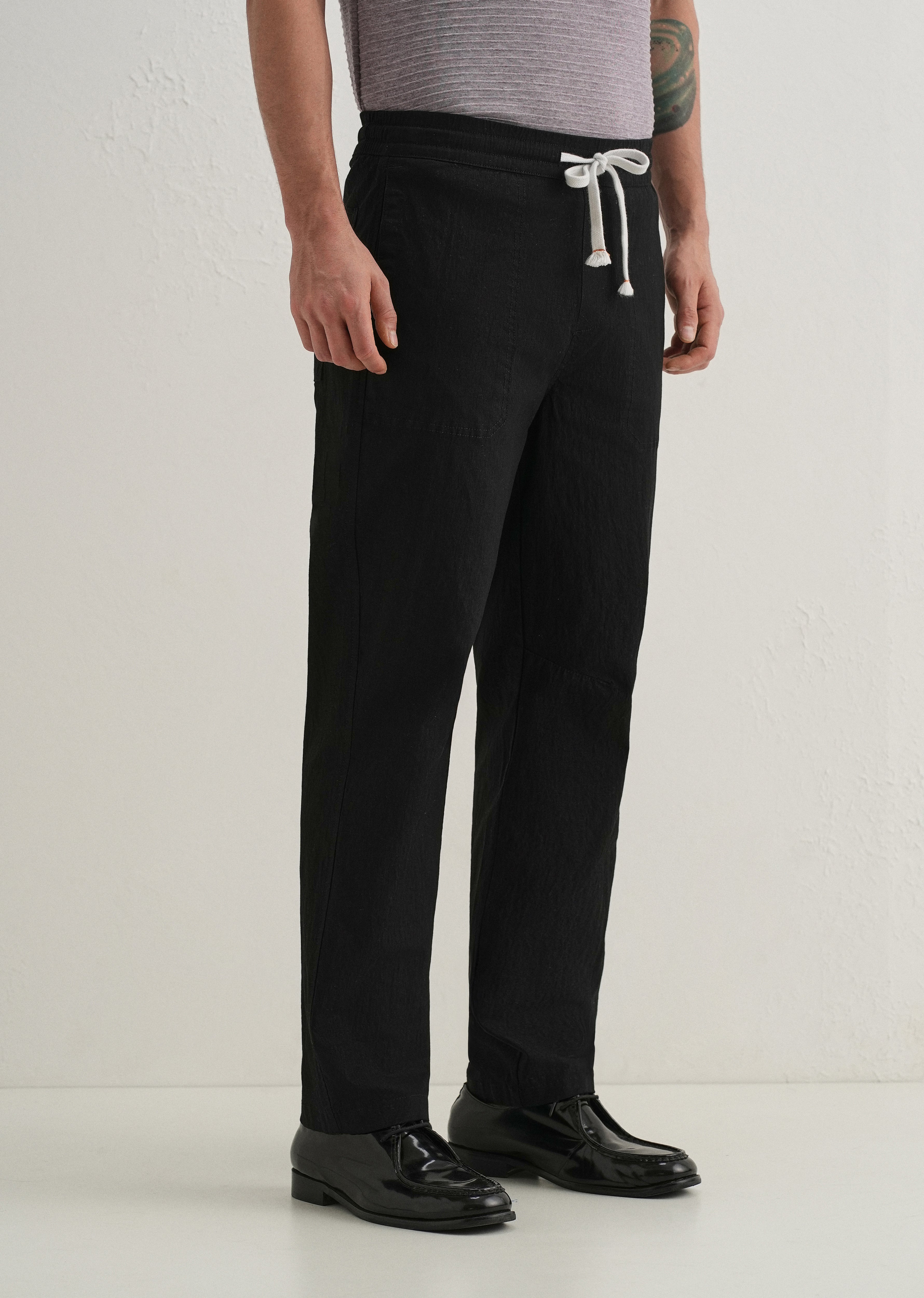 Black Drawstring Cotton Linen Pant
