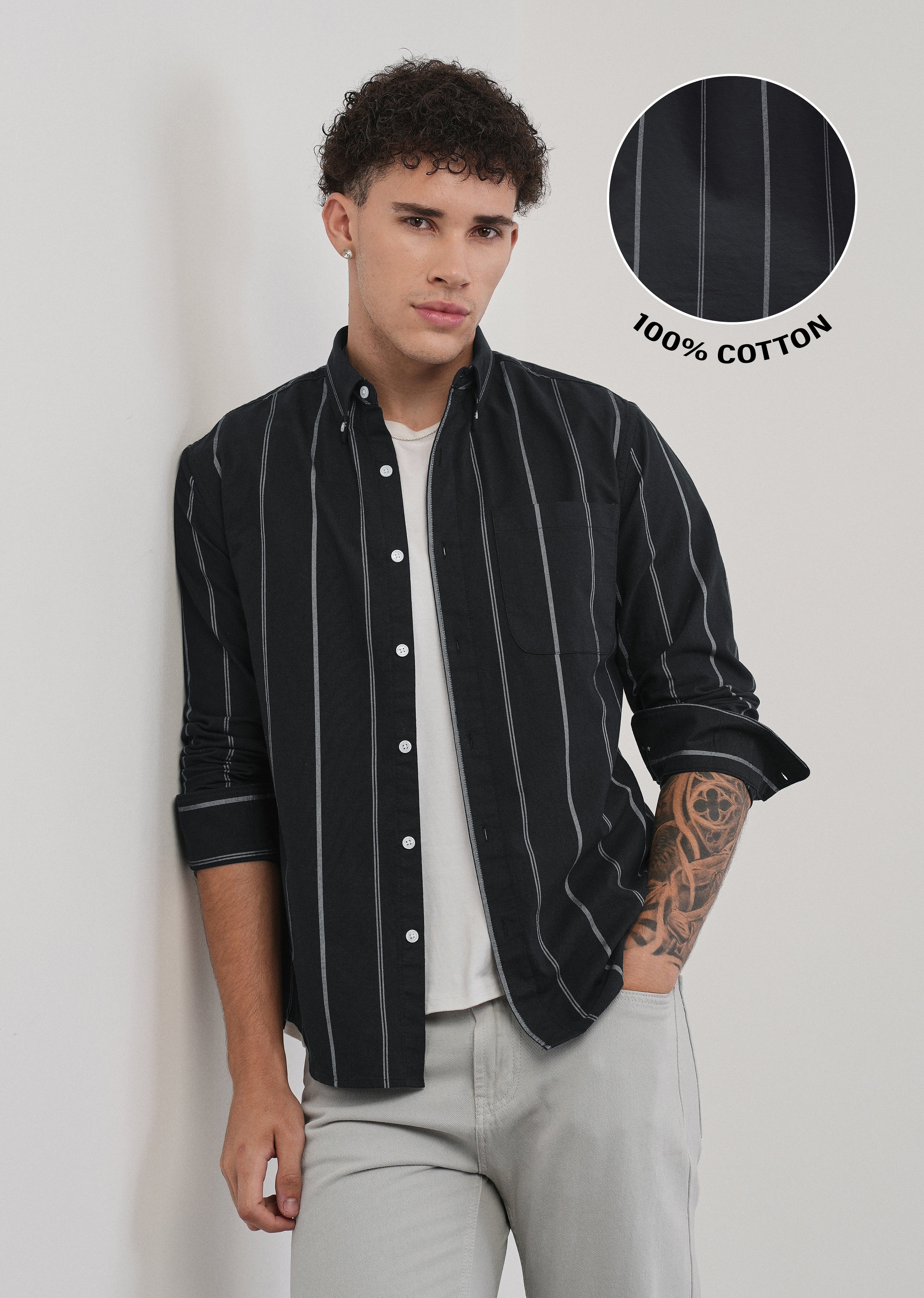 Black Dual Stripe Cotton Shirt
