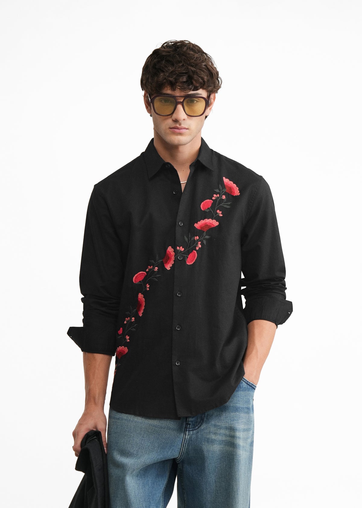 Black Embroidered Cotton Linen Shirt