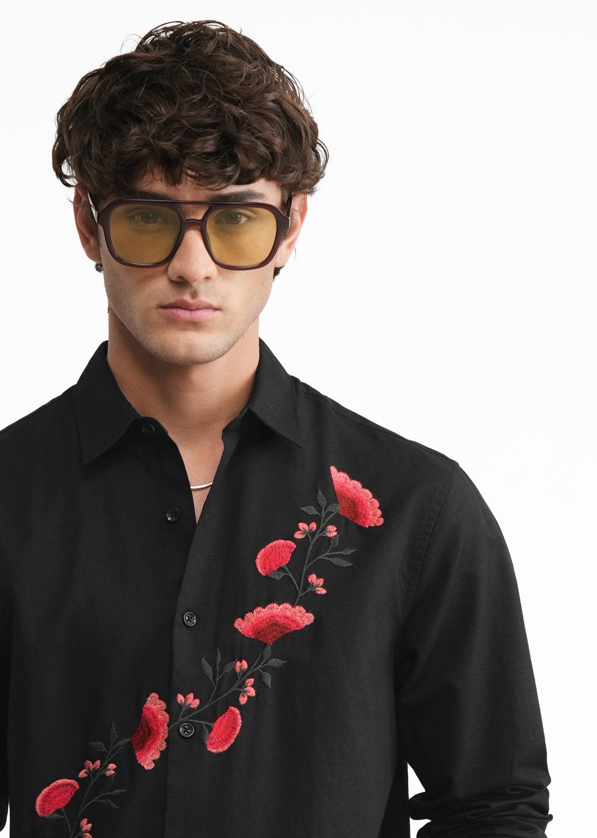 Black Embroidered Cotton Linen Shirt