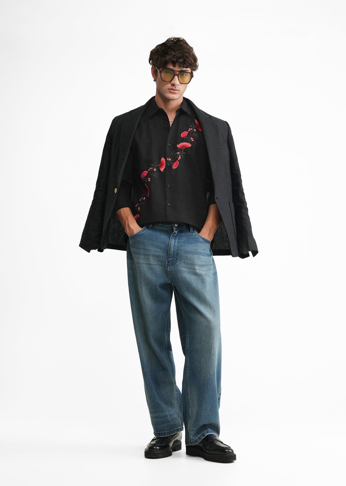 Black Embroidered Cotton Linen Shirt