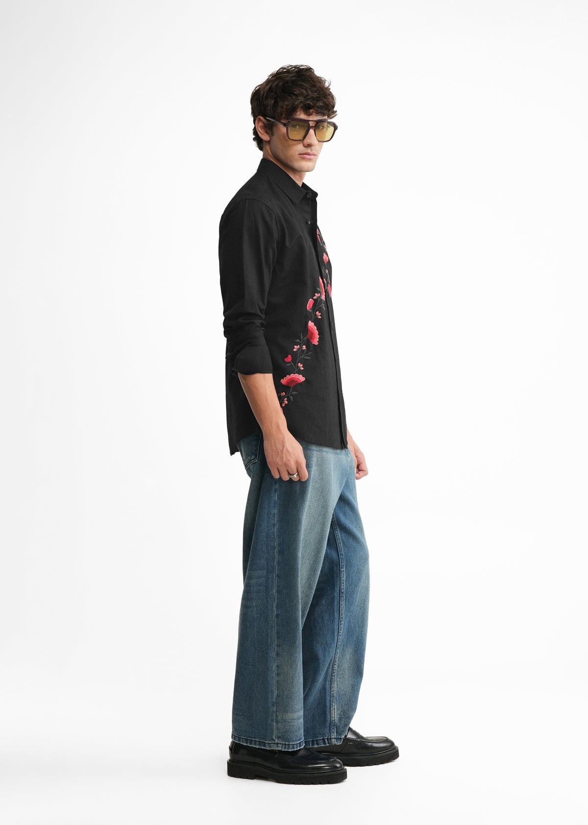 Black Embroidered Cotton Linen Shirt