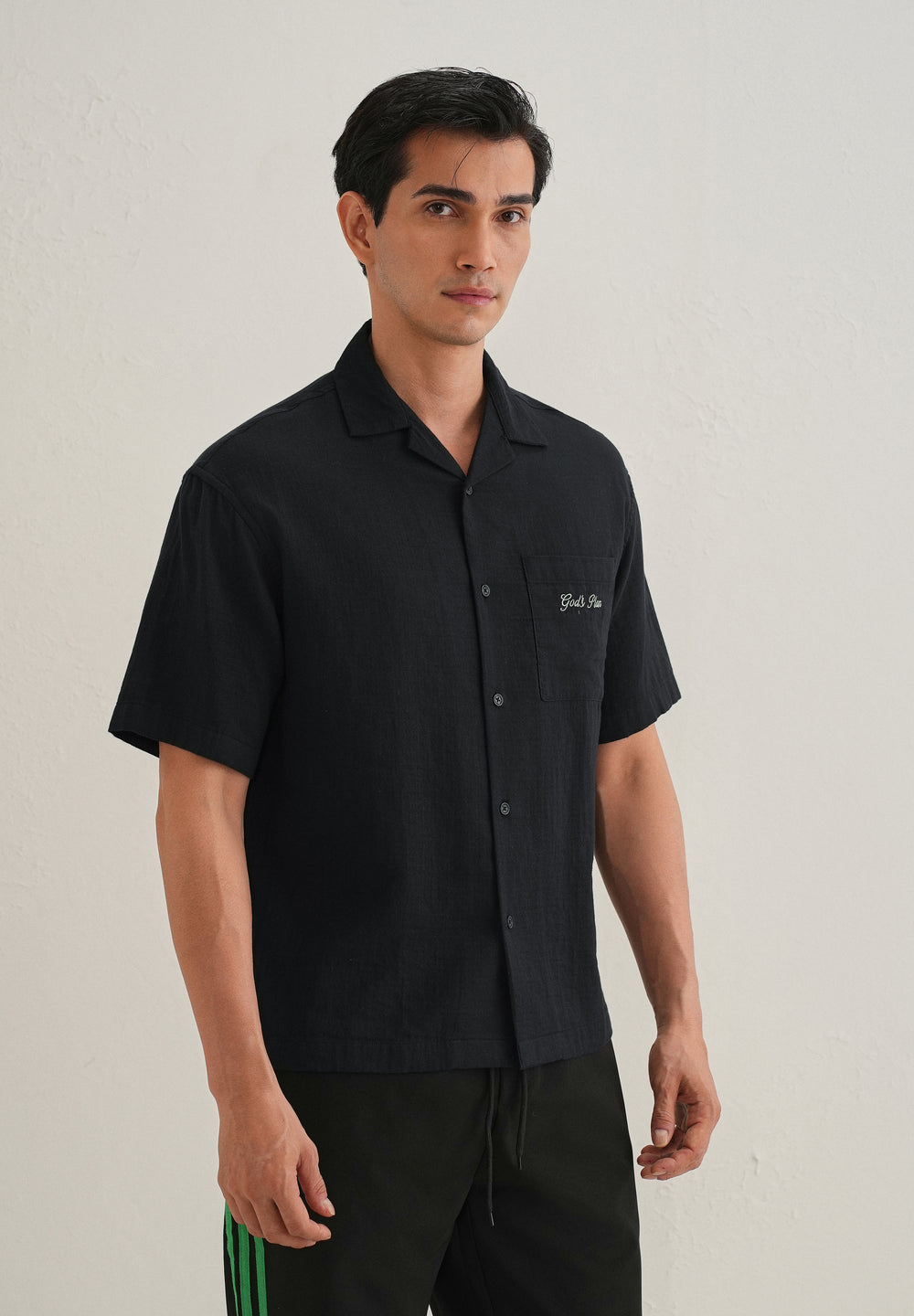 Black Embroidered Double Cloth Cotton Shirt