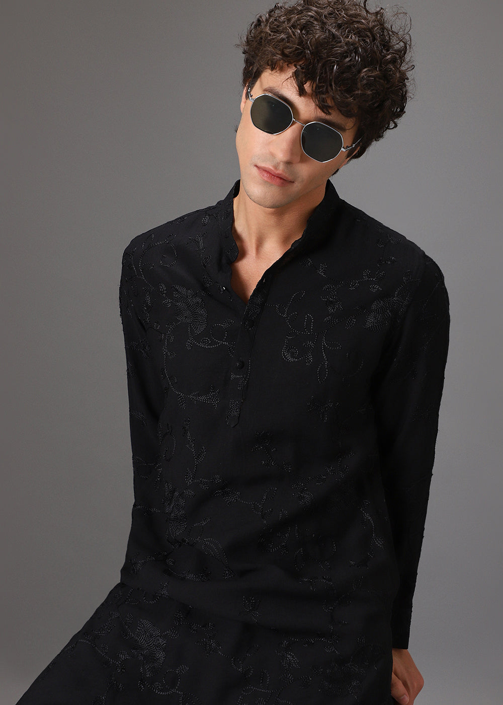 Black Self Thread Embroidered Kurta