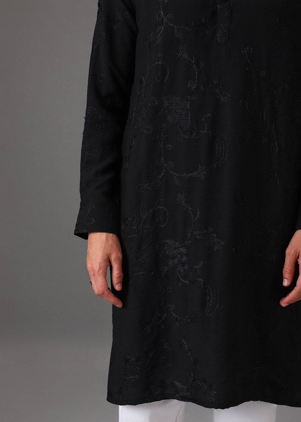 Black Self Thread Embroidered Kurta