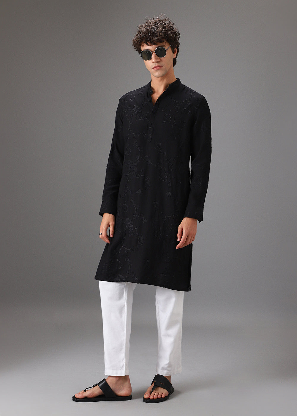 Black Self Thread Embroidered Kurta