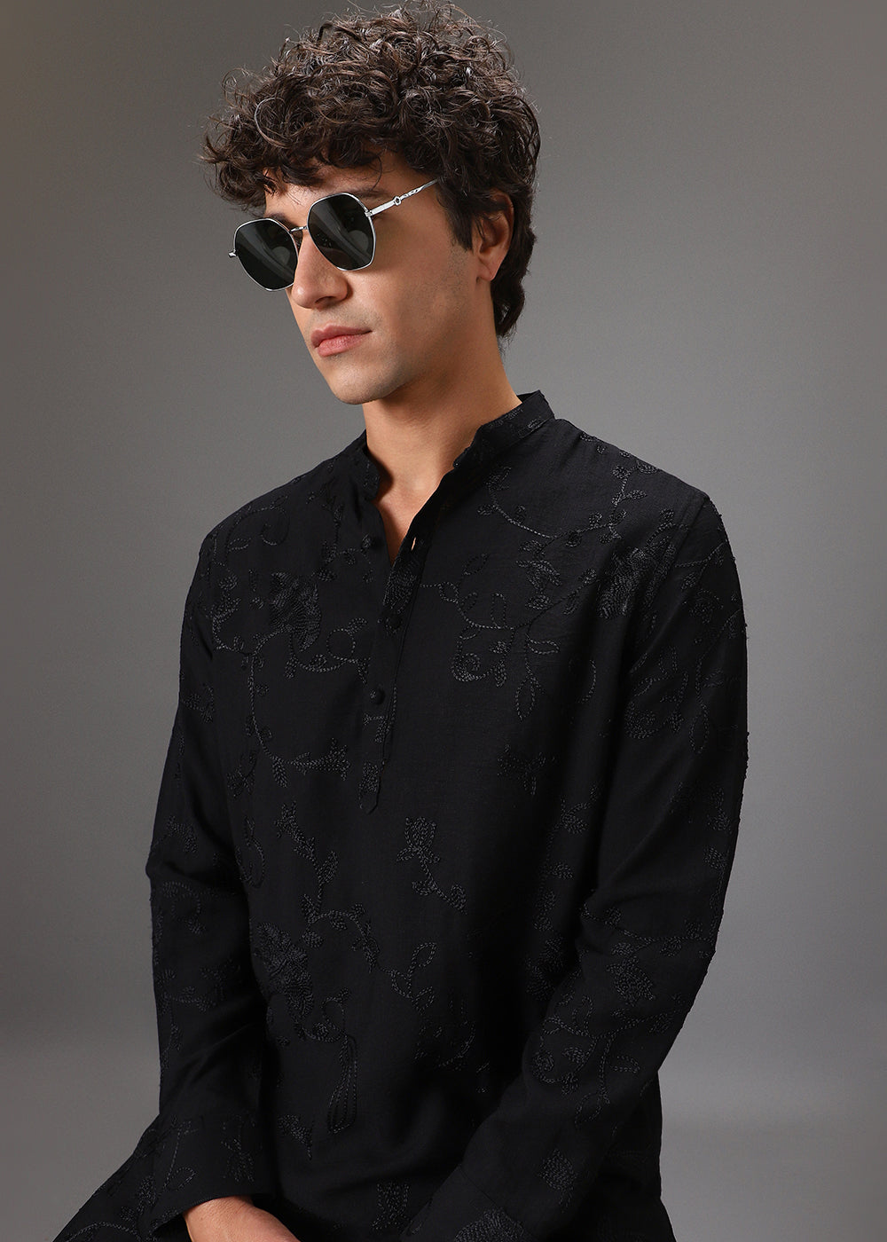 Black Self Thread Embroidered Kurta