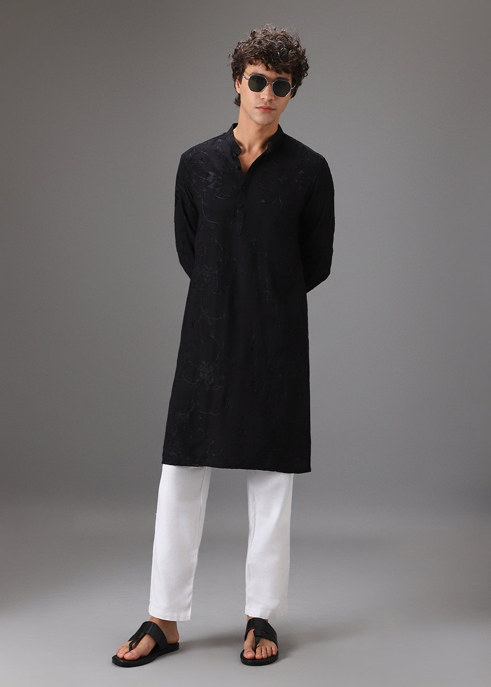 Black Self Thread Embroidered Kurta