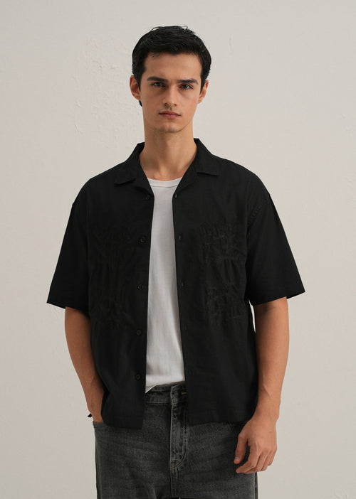 Black Embroidery Cuban Collar Cotton Shirt