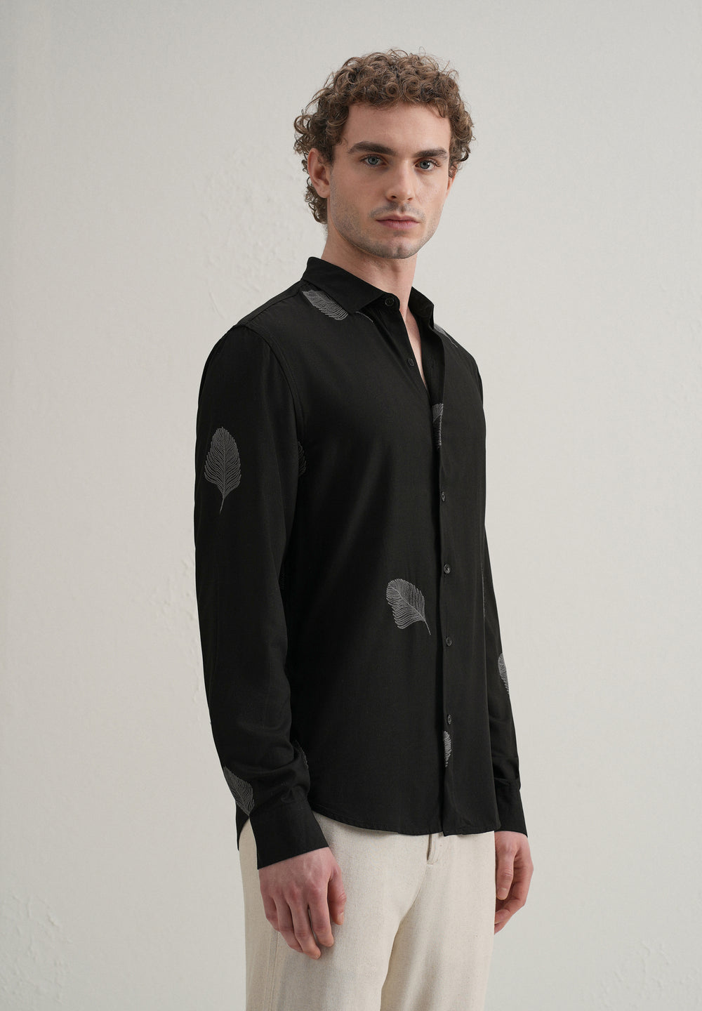 Black Feather Embroidery Shirt