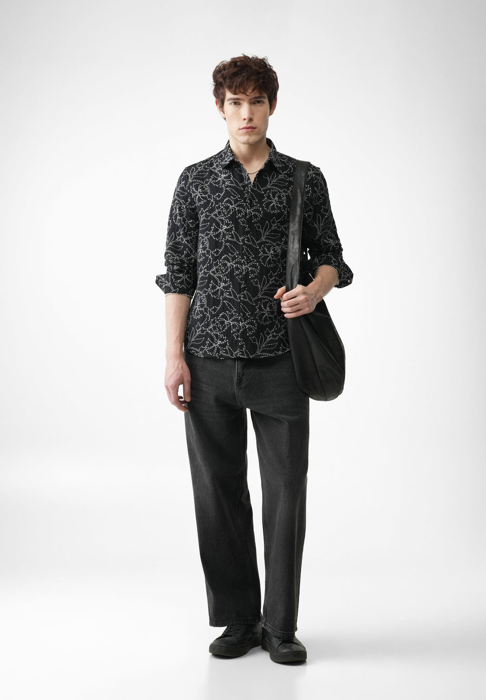 Black Floral Cotton Blend Jacquard Shirt