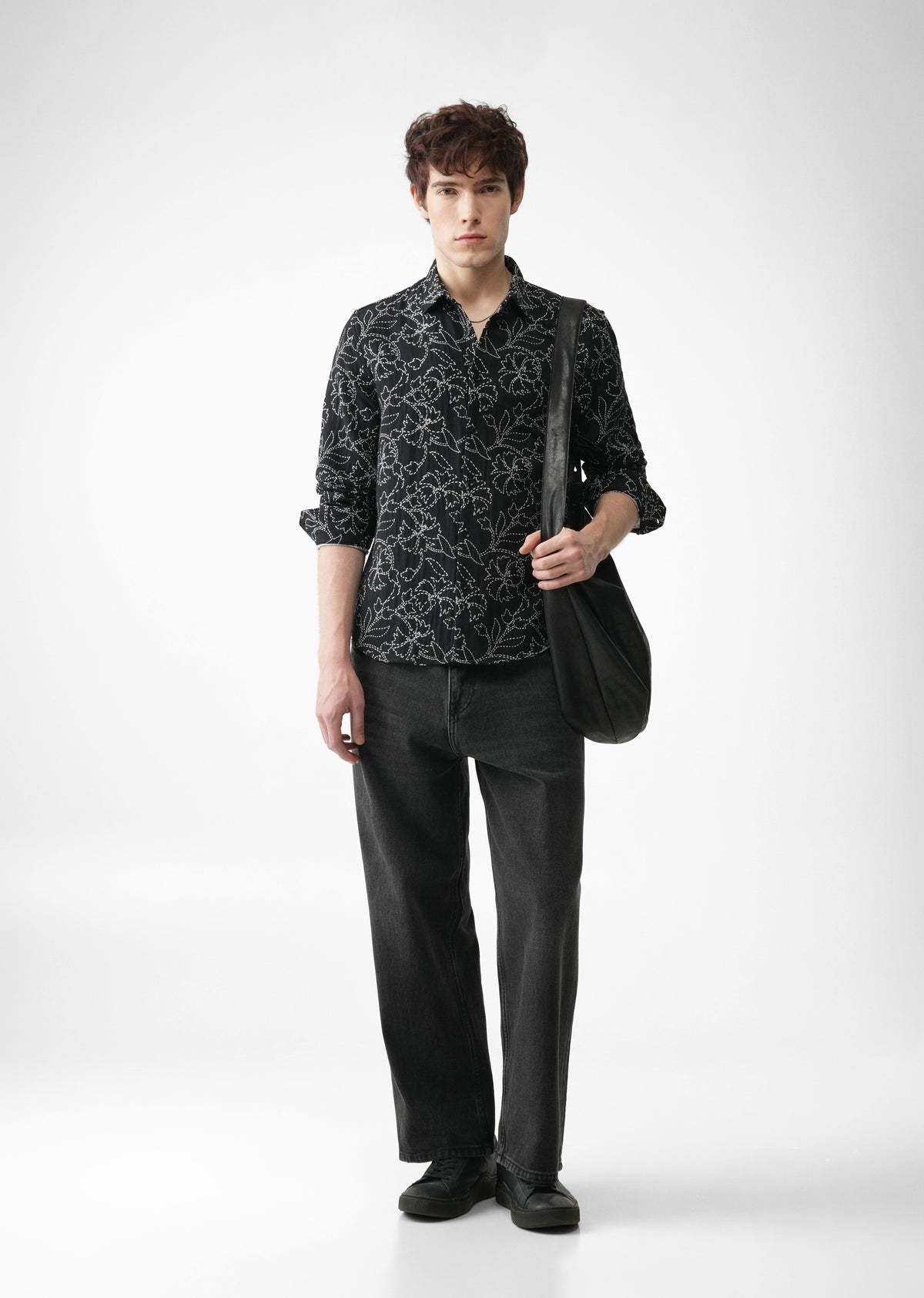Black Floral Cotton Blend Jacquard Shirt