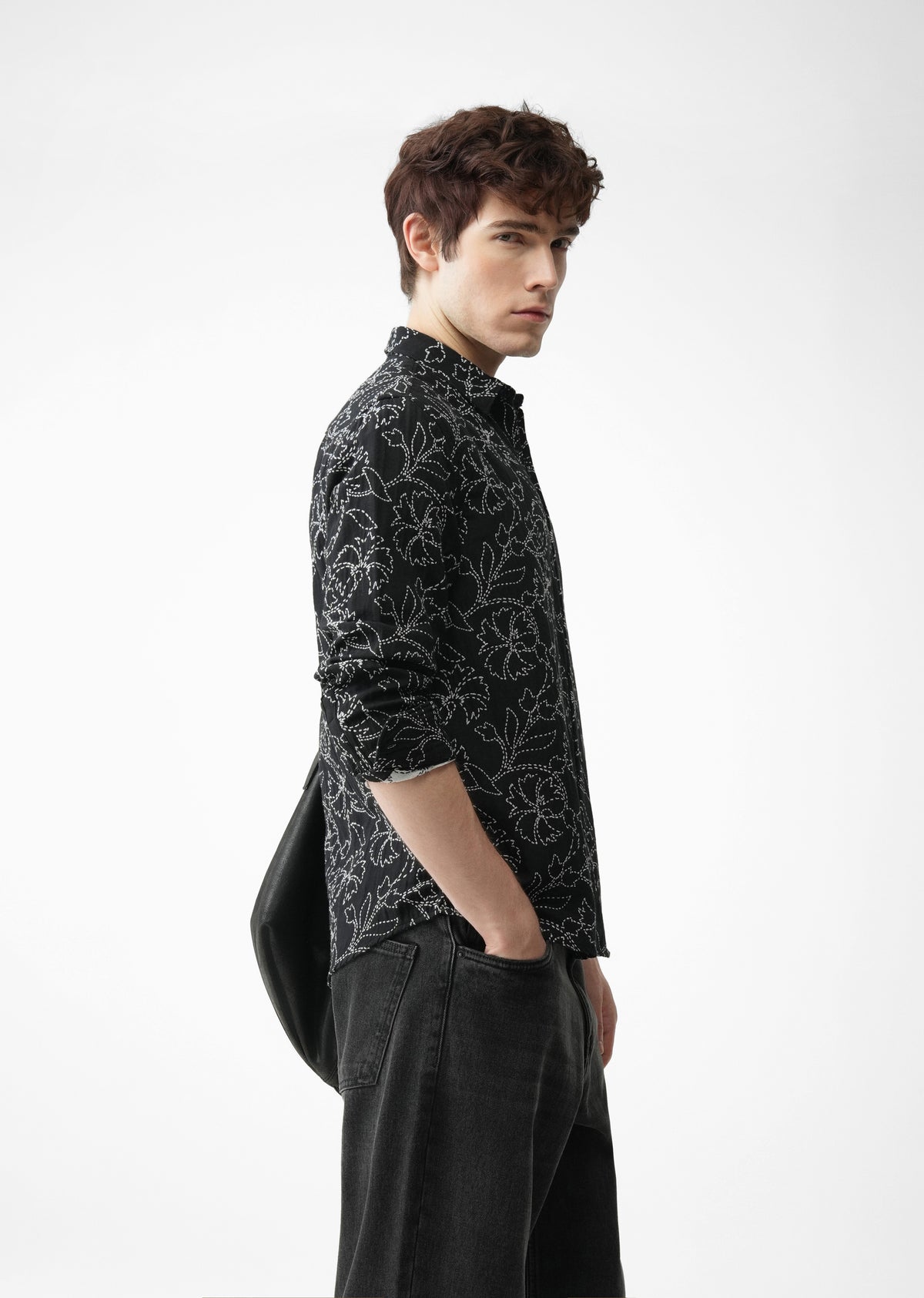 Black Floral Cotton Blend Jacquard Shirt