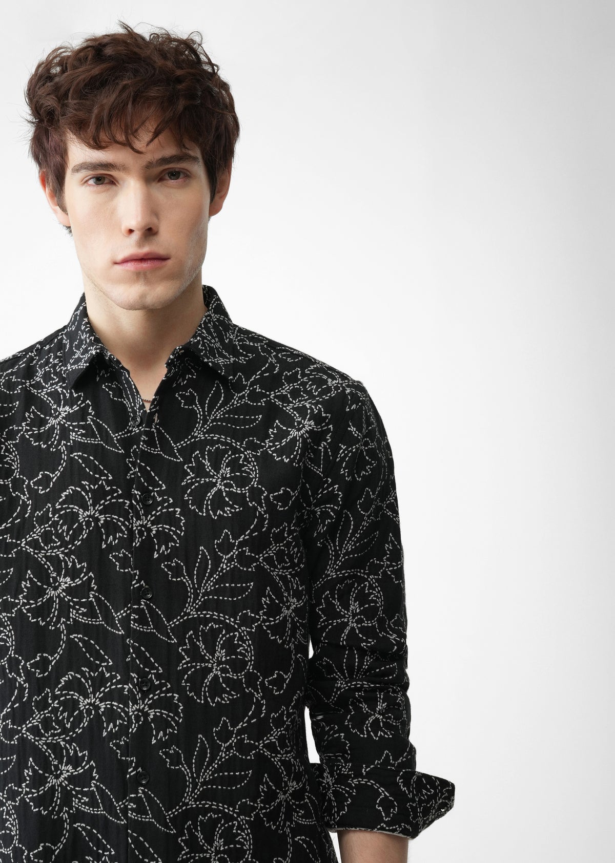 Black Floral Cotton Blend Jacquard Shirt