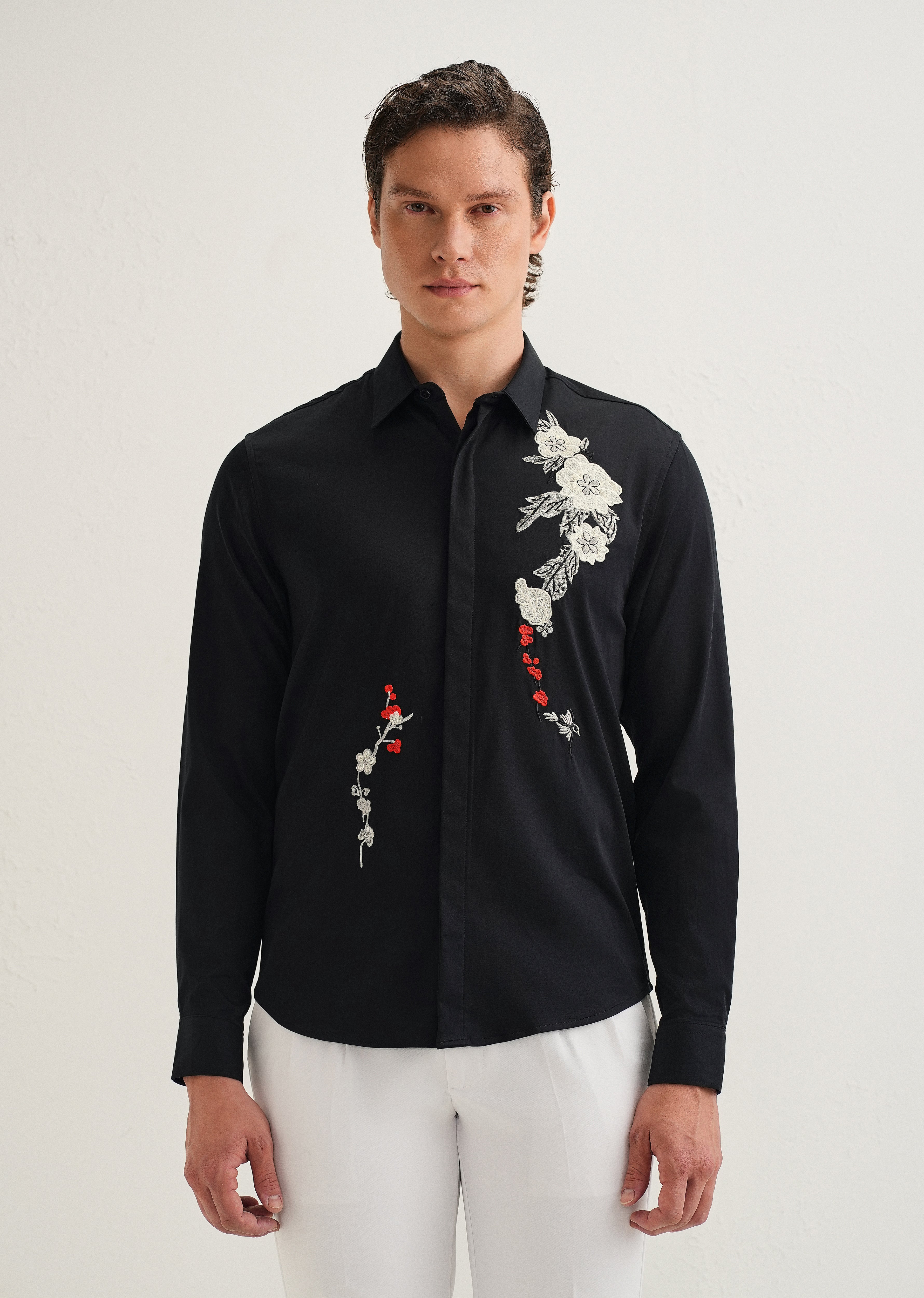 Black Floral Embroidered Designer Shirt