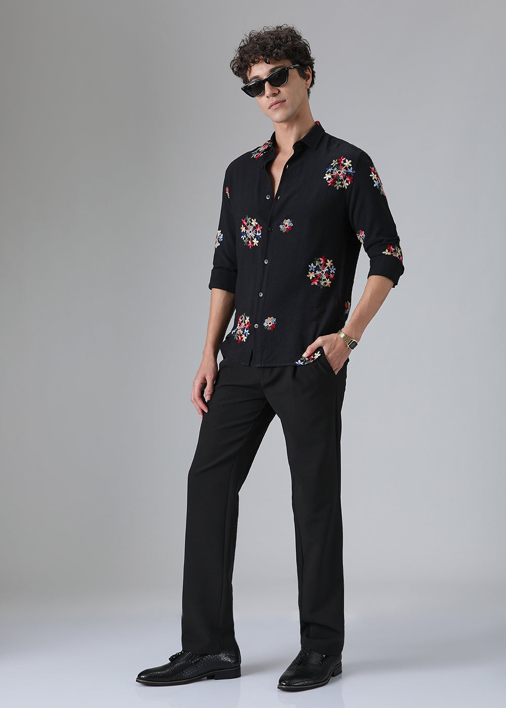 Black Floral Embroidered Shirt