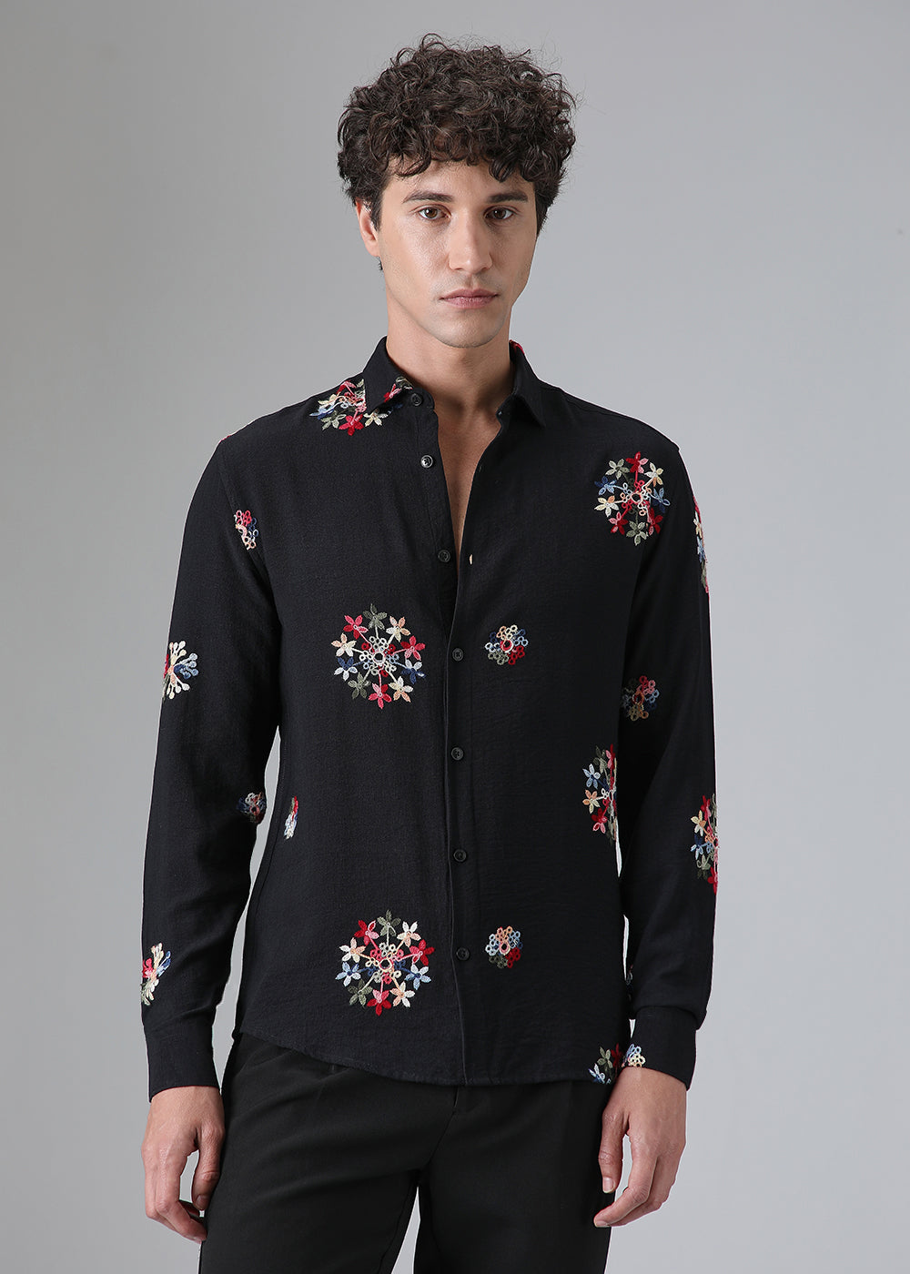 Black Floral Embroidered Shirt