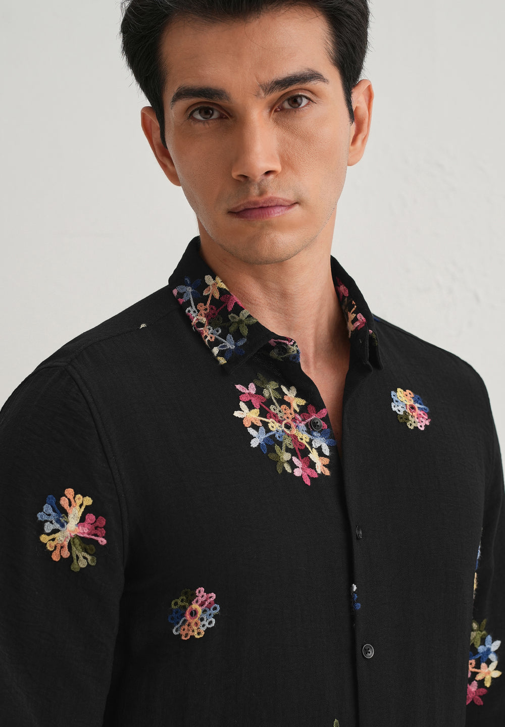 Black Floral Embroidered Shirt
