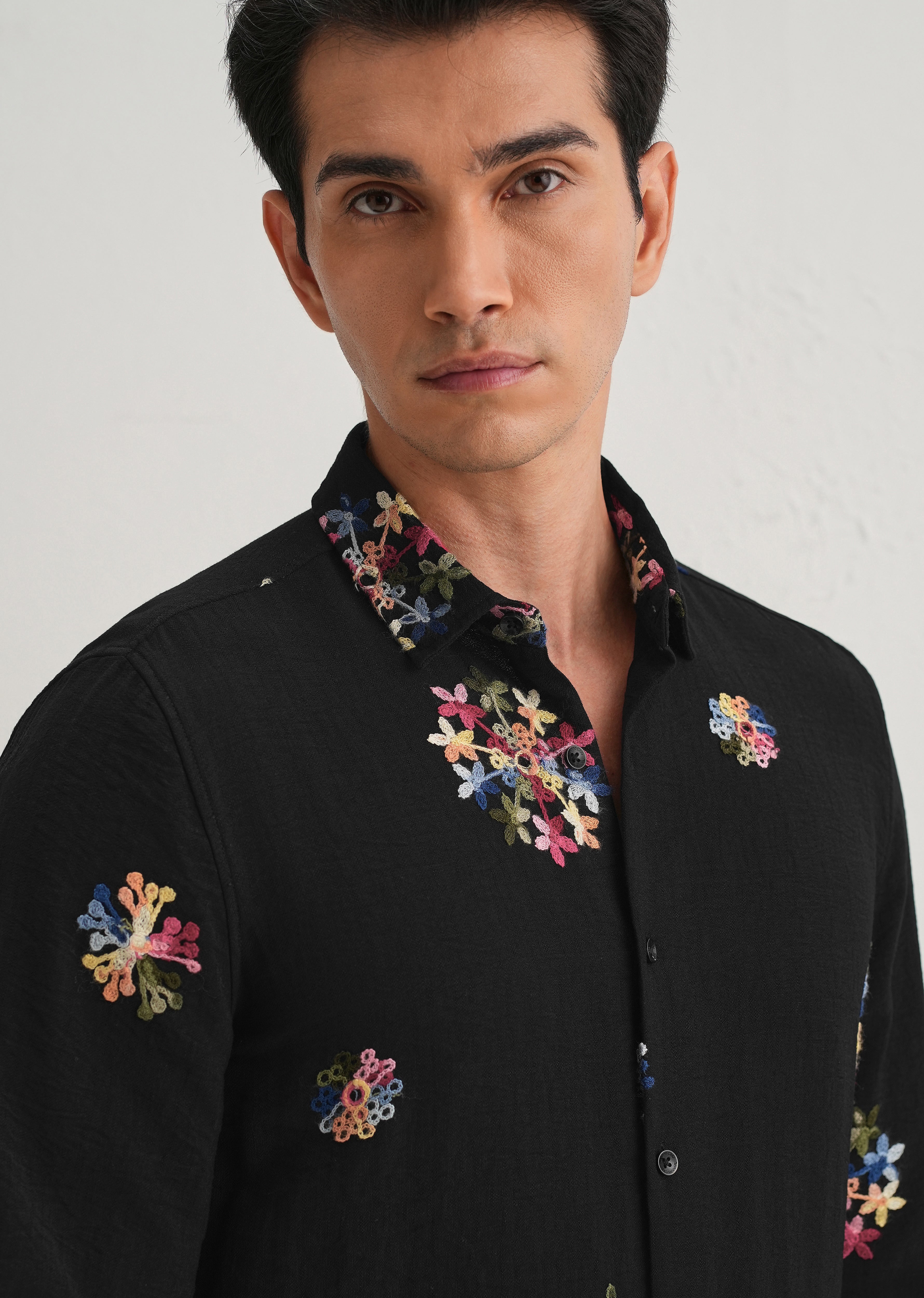 Black Floral Embroidered Shirt