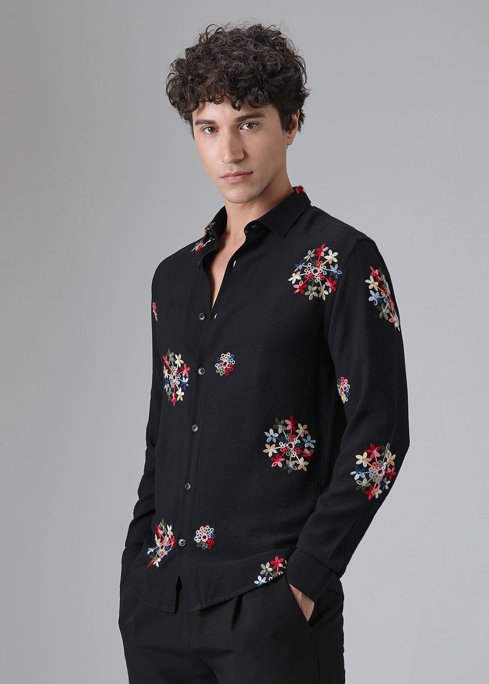 Black Floral Embroidered Shirt