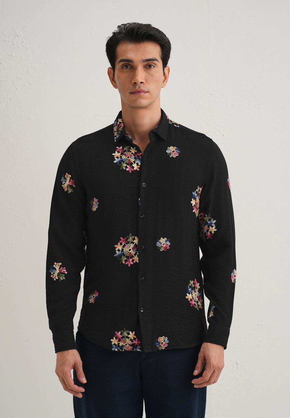 Black Floral Embroidered Shirt
