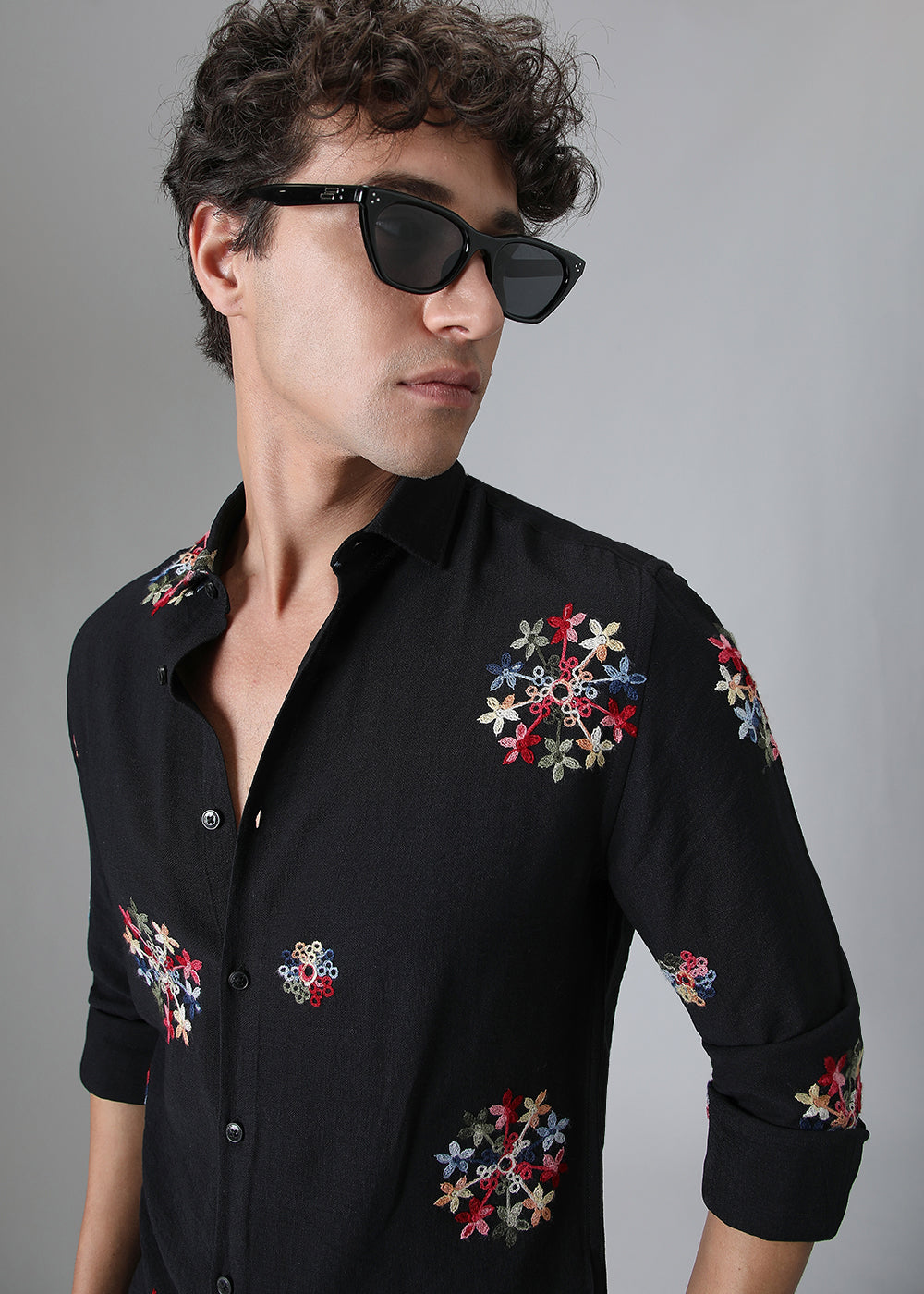 Black Floral Embroidered Shirt