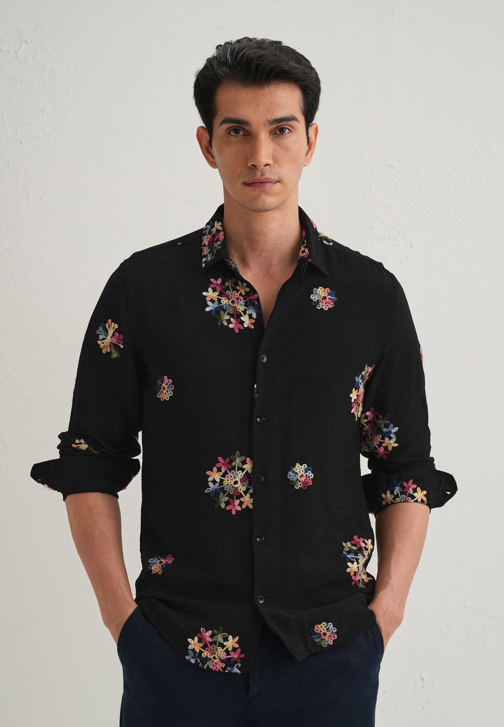Black Floral Embroidered Shirt