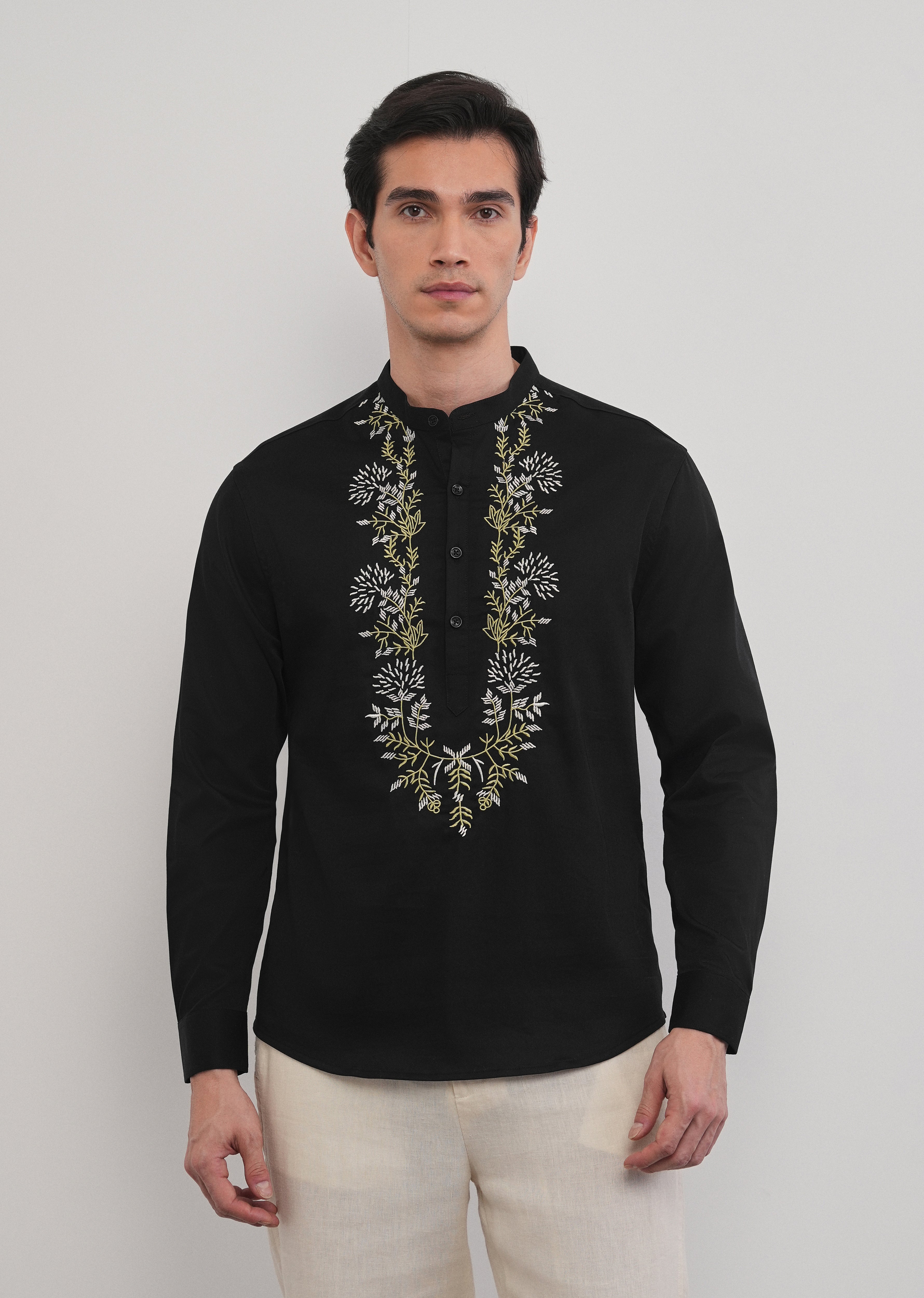 Black Floral Embroidered Short Kurta