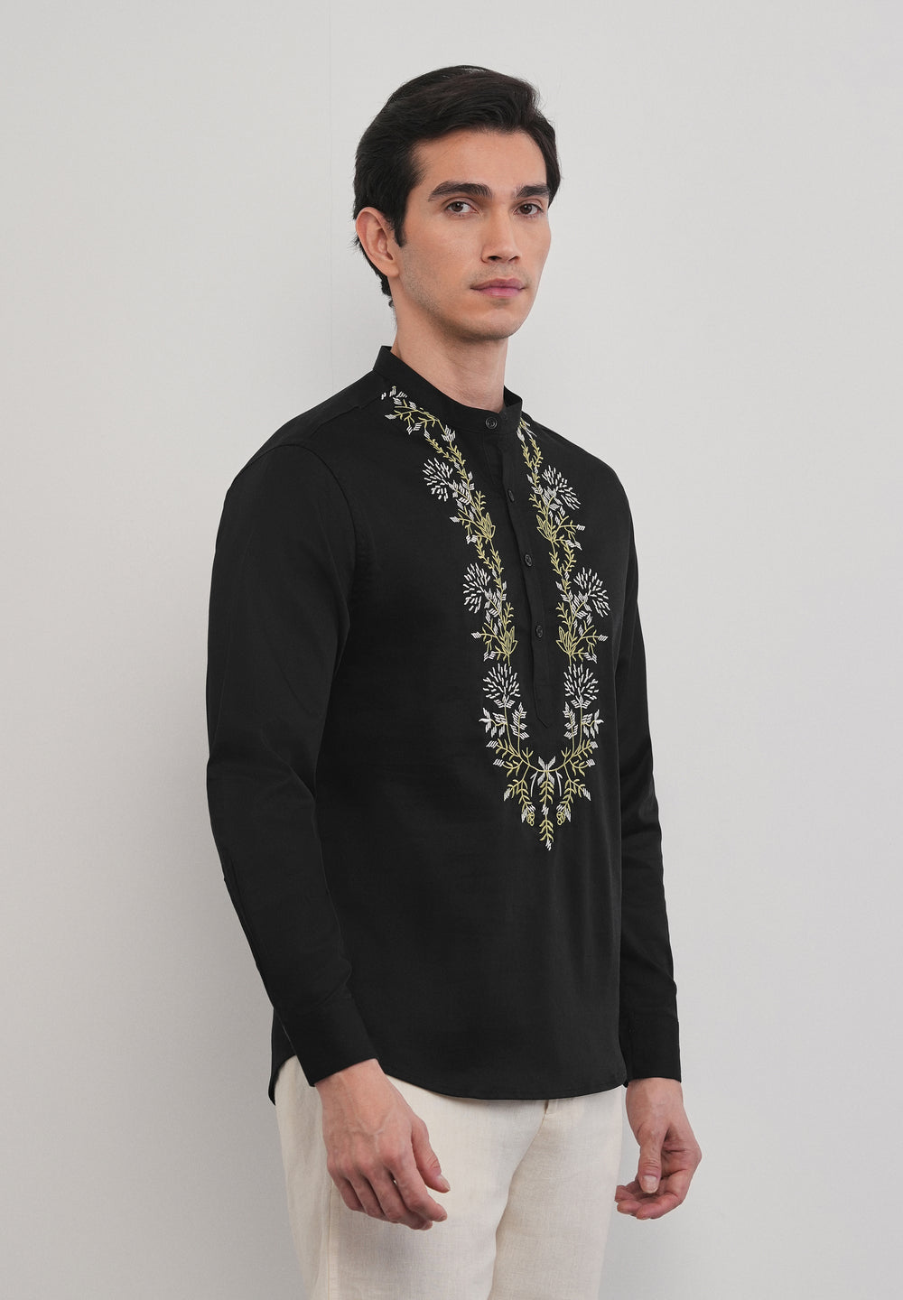 Black Floral Embroidered Short Kurta