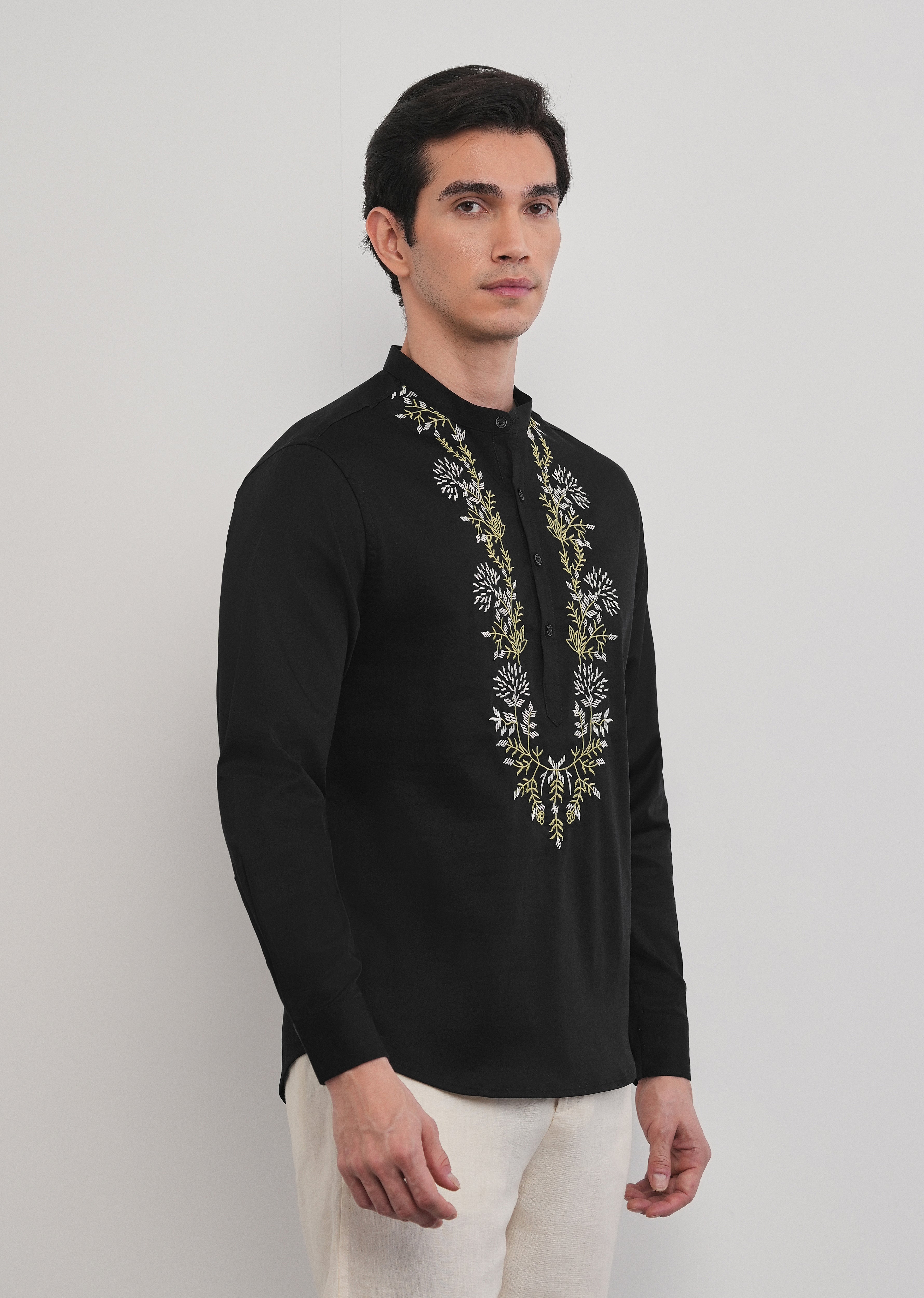 Black Floral Embroidered Short Kurta