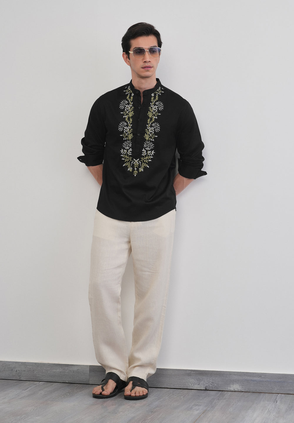 Black Floral Embroidered Short Kurta