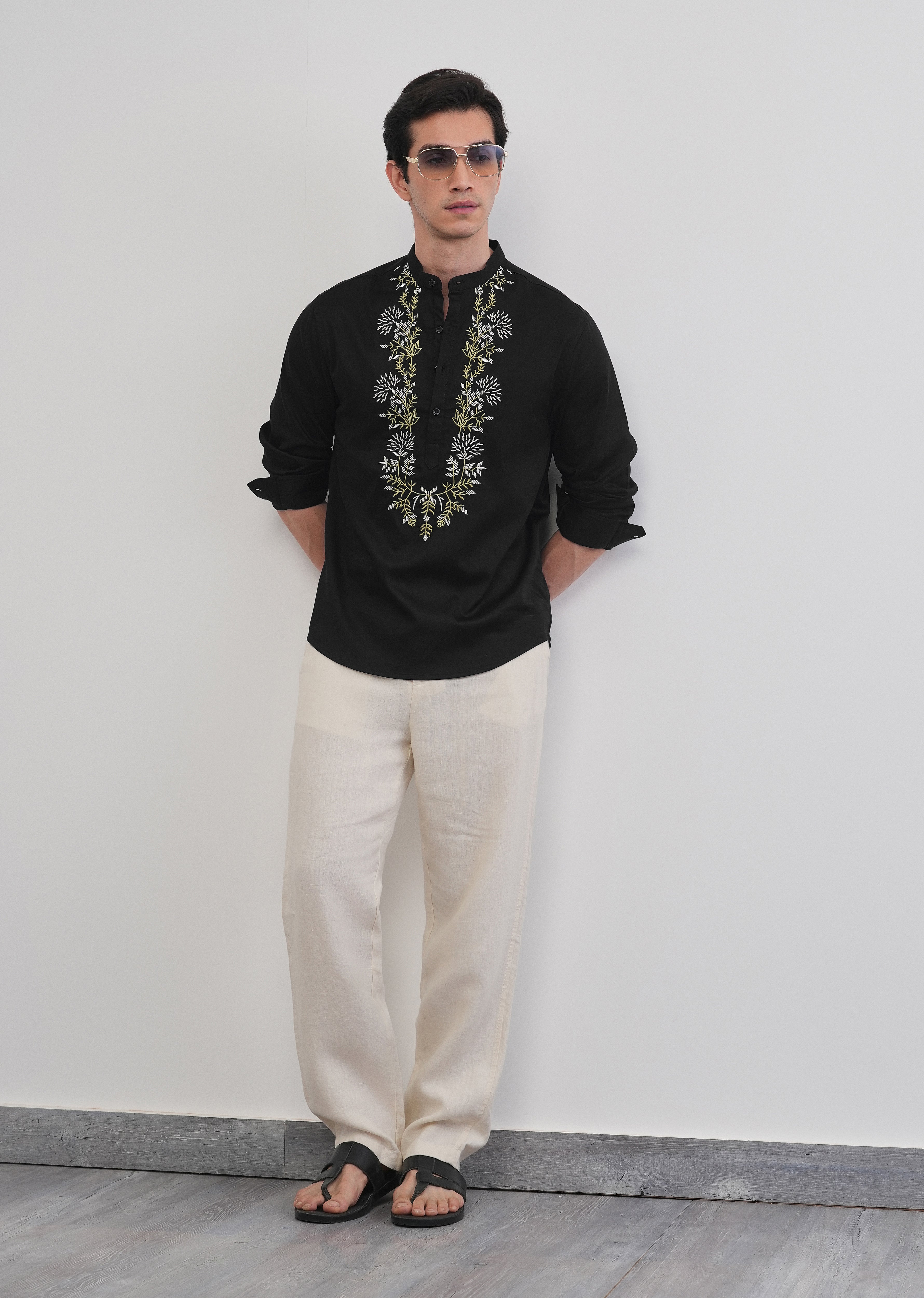 Black Floral Embroidered Short Kurta