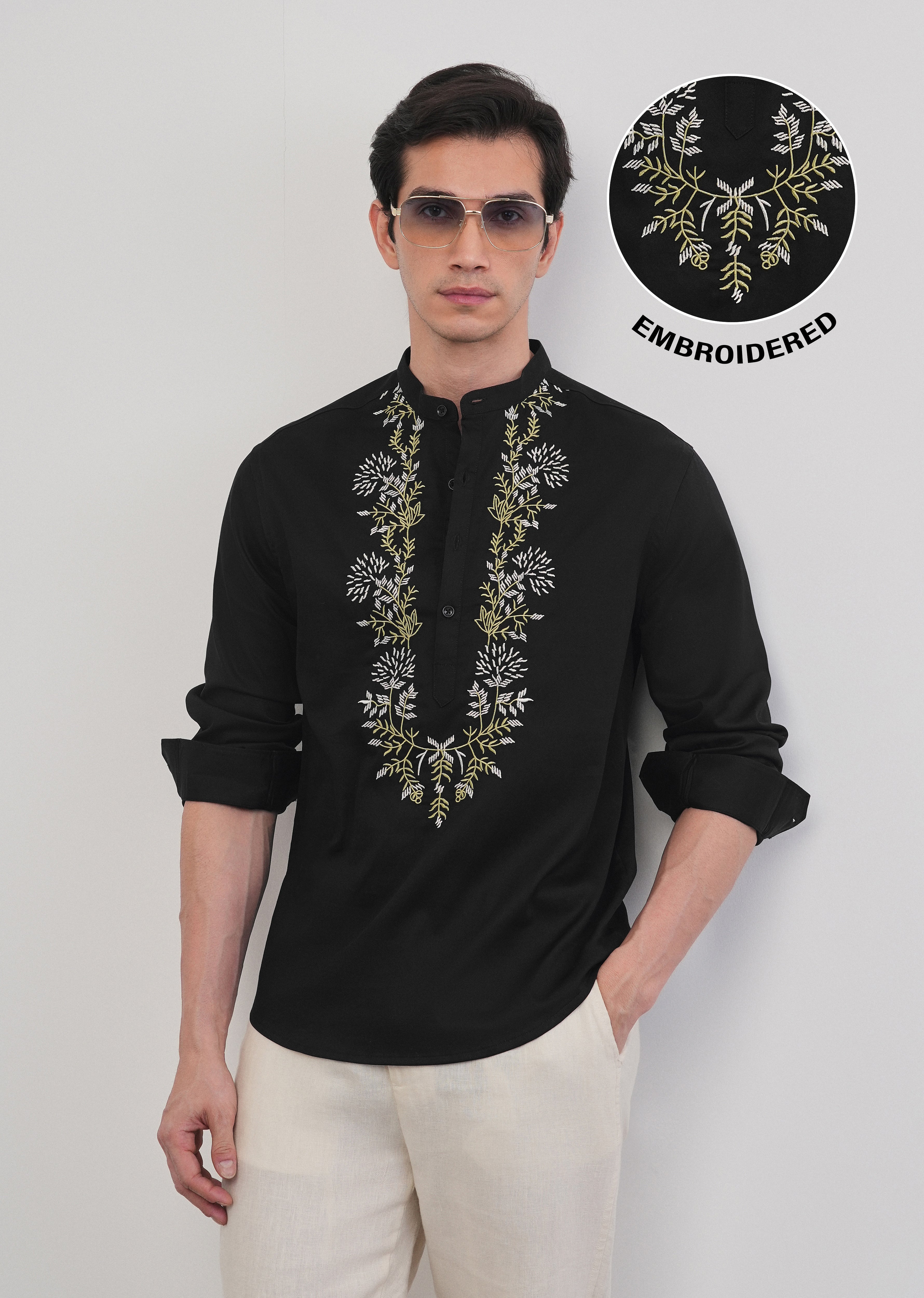 Black Floral Embroidered Short Kurta