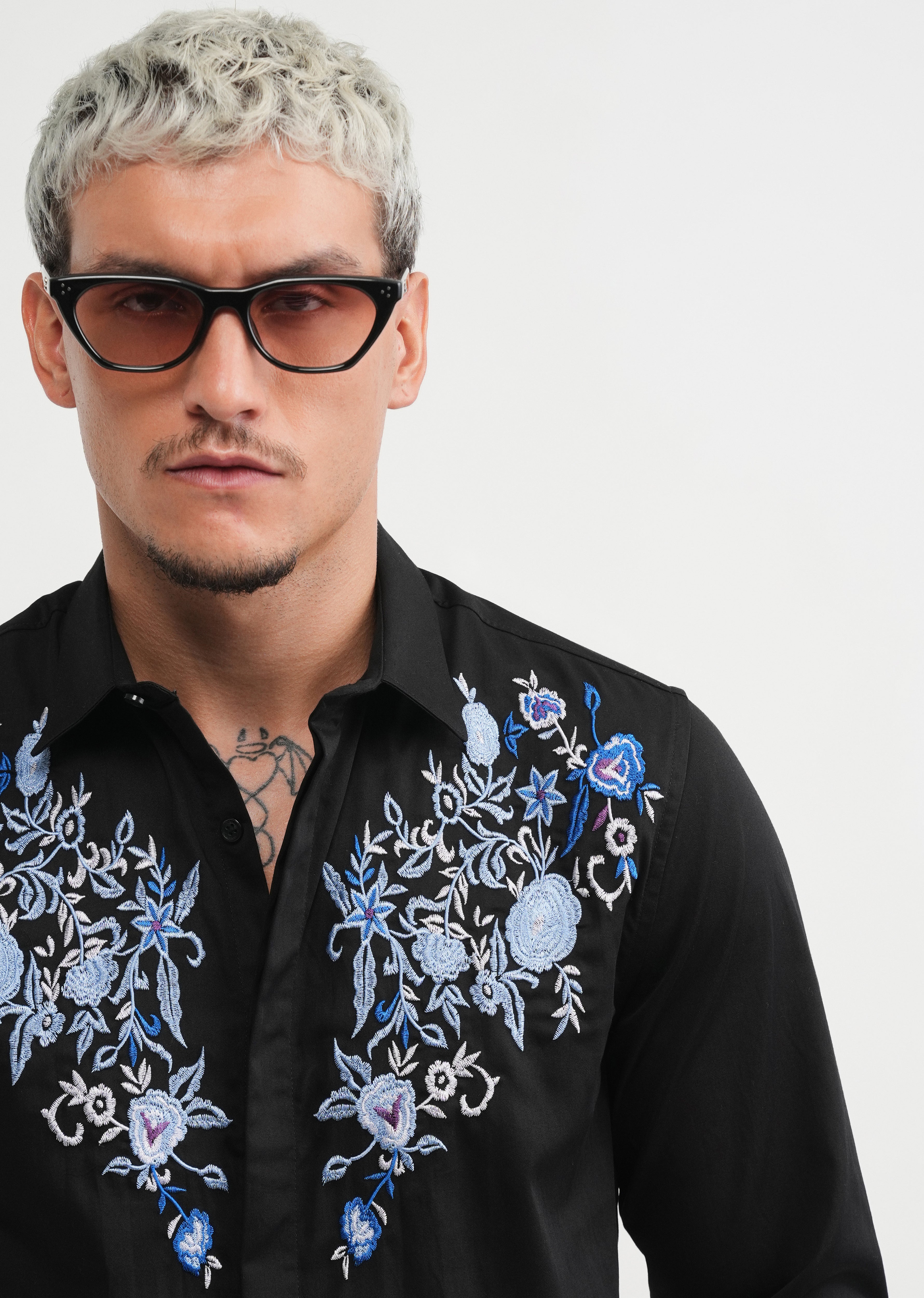Black Floral Embroidery Designer Shirt