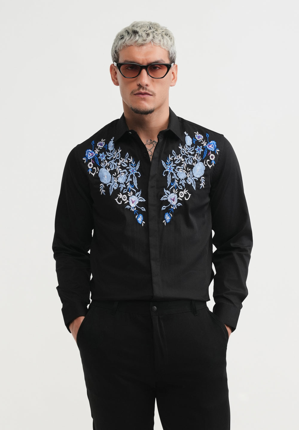 Black Floral Embroidery Designer Shirt