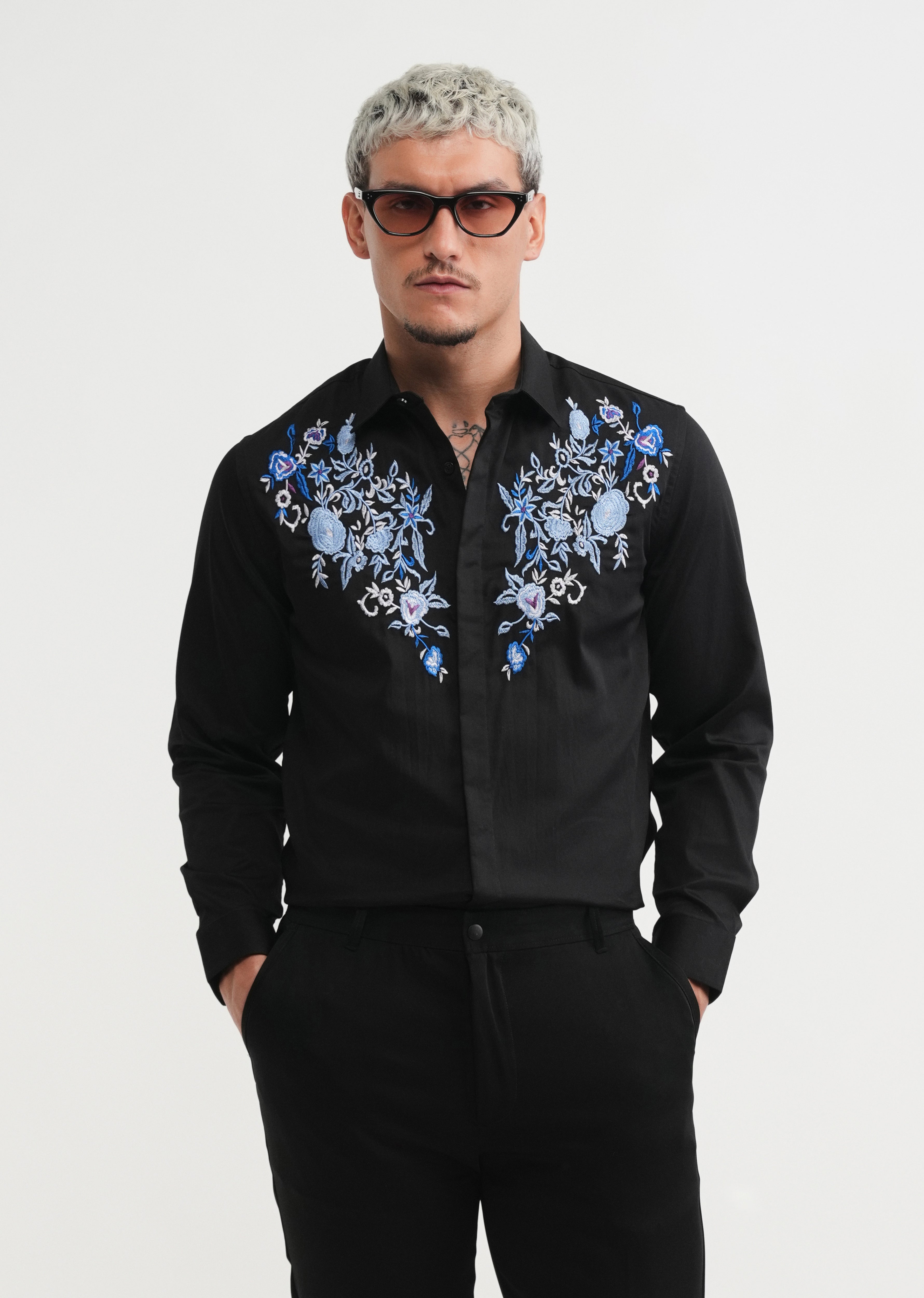 Black Floral Embroidery Designer Shirt