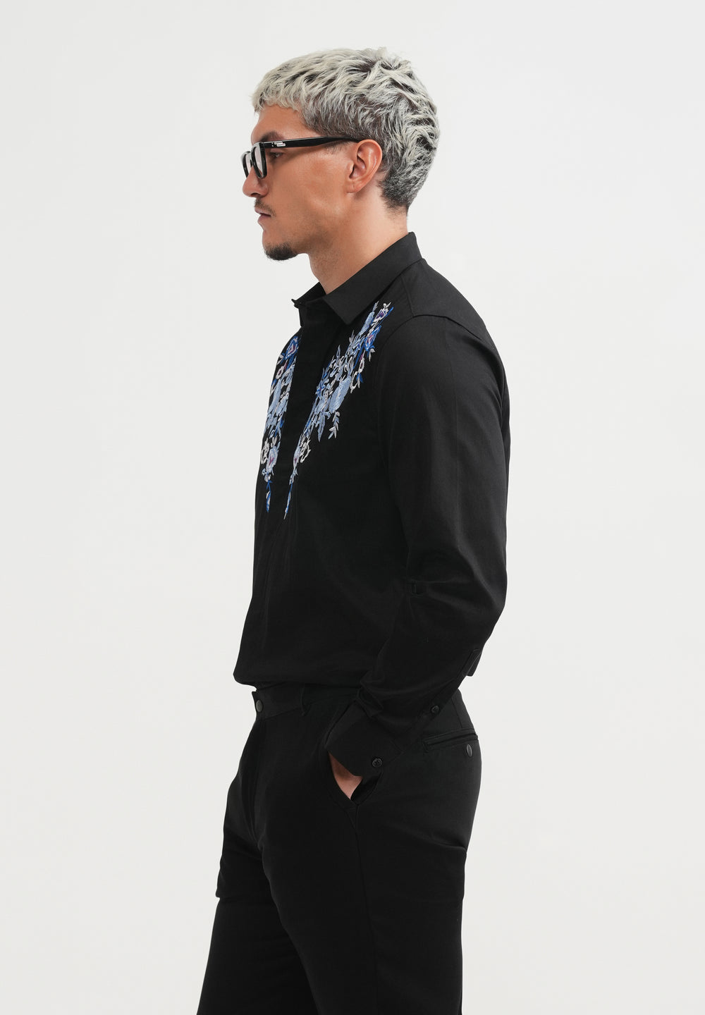 Black Floral Embroidery Designer Shirt