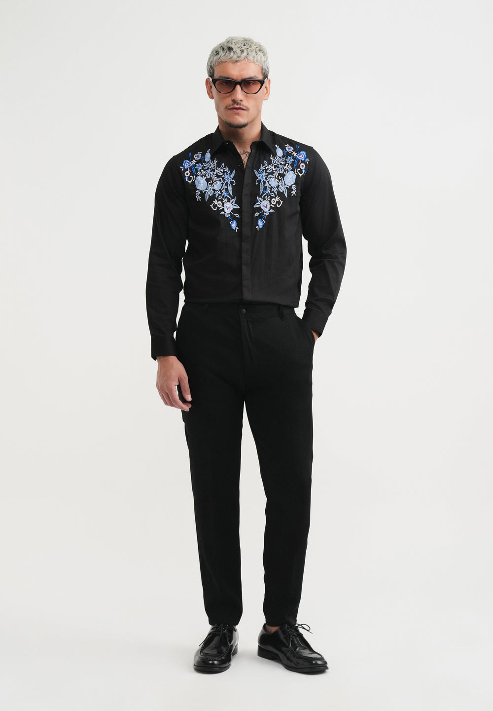 Black Floral Embroidery Designer Shirt