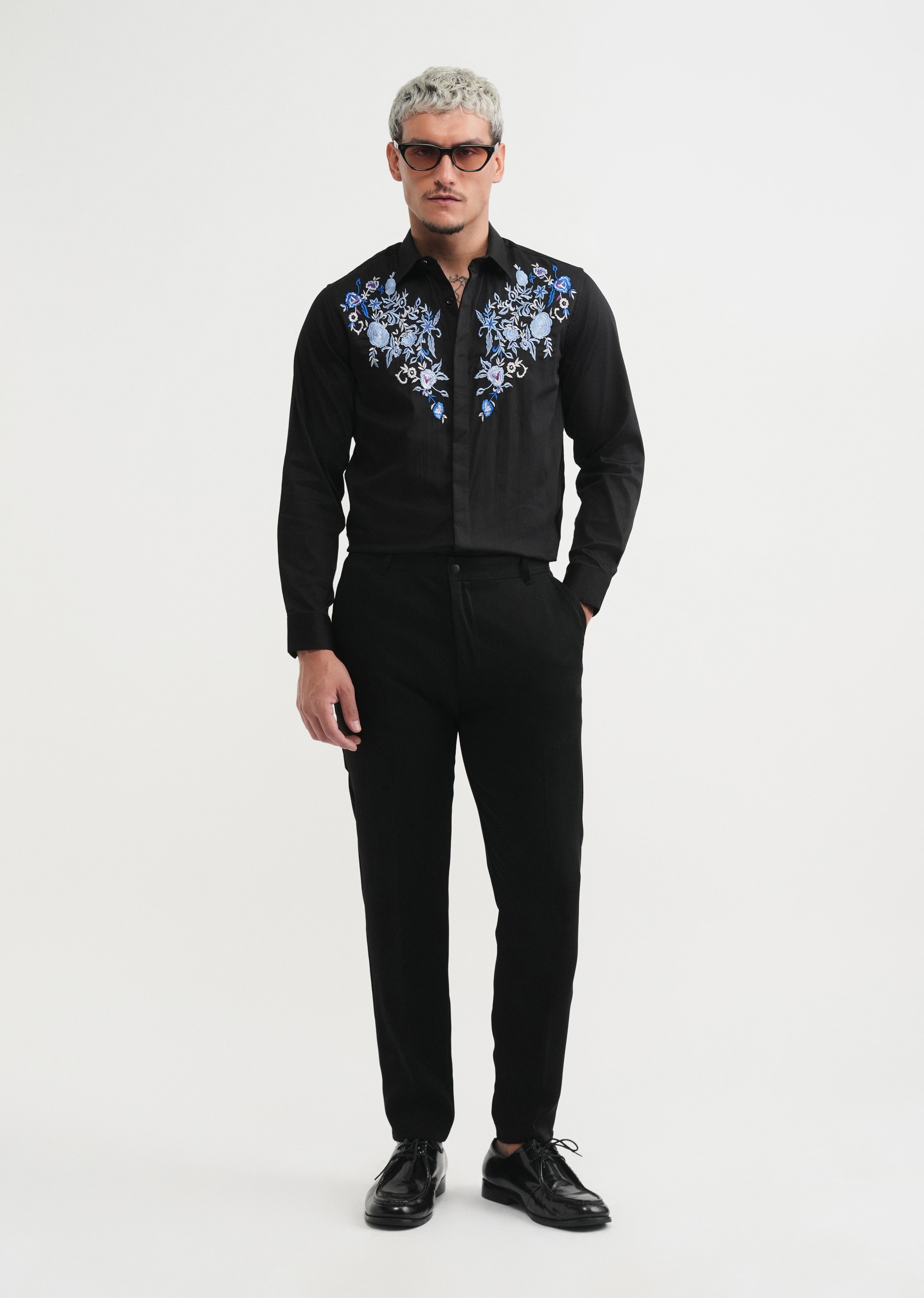 Black Floral Embroidery Designer Shirt