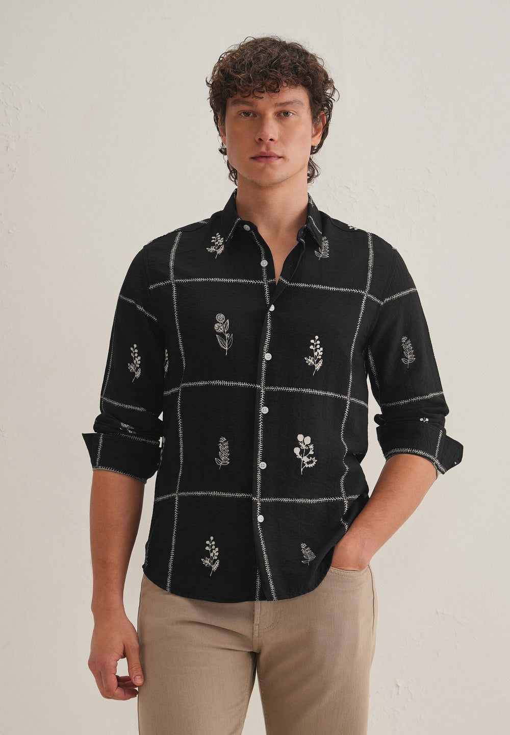 Black Floral Grid Printed Shirt