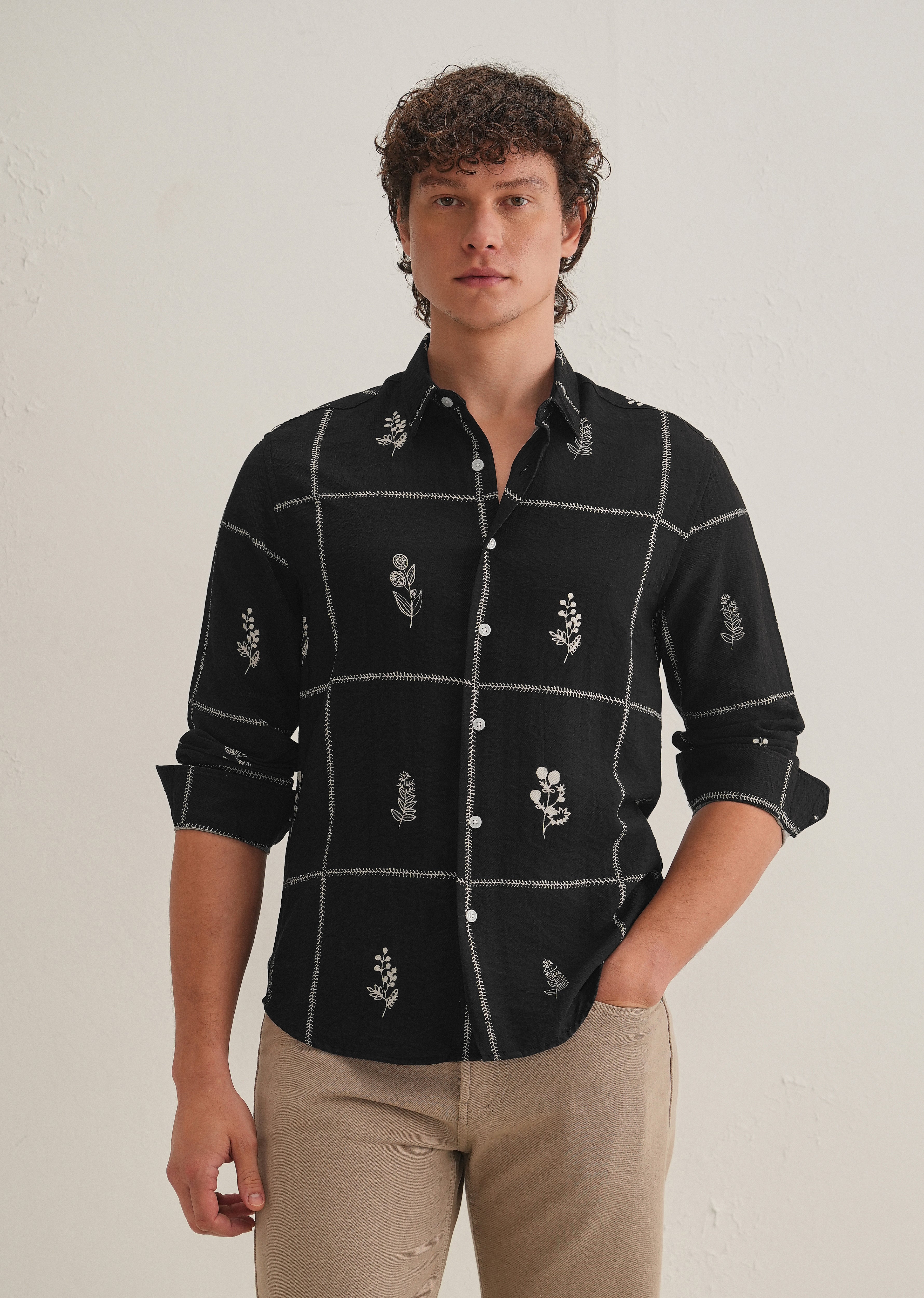 Black Floral Grid Printed Shirt