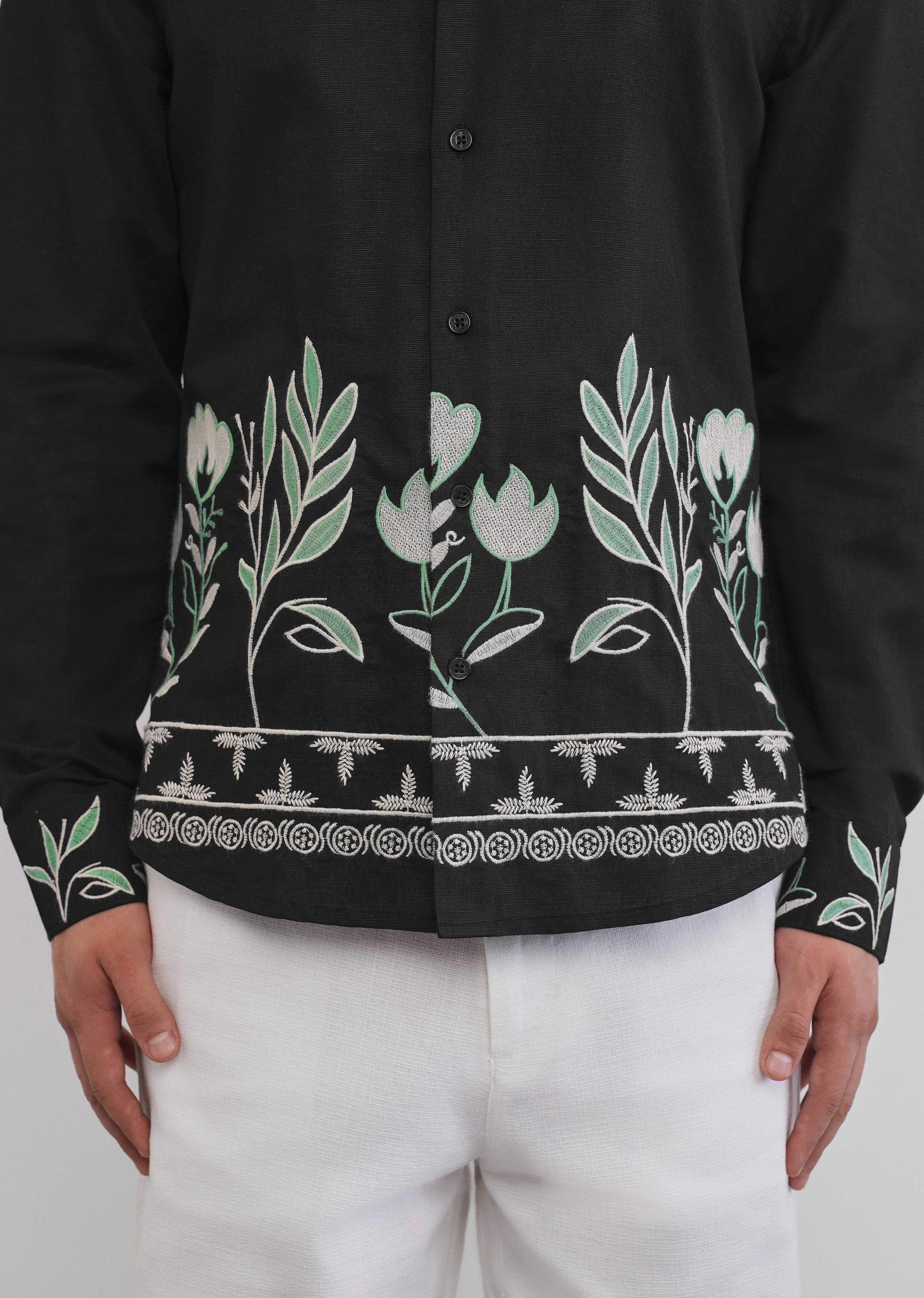 Black Floral Hem Embroidered Shirt