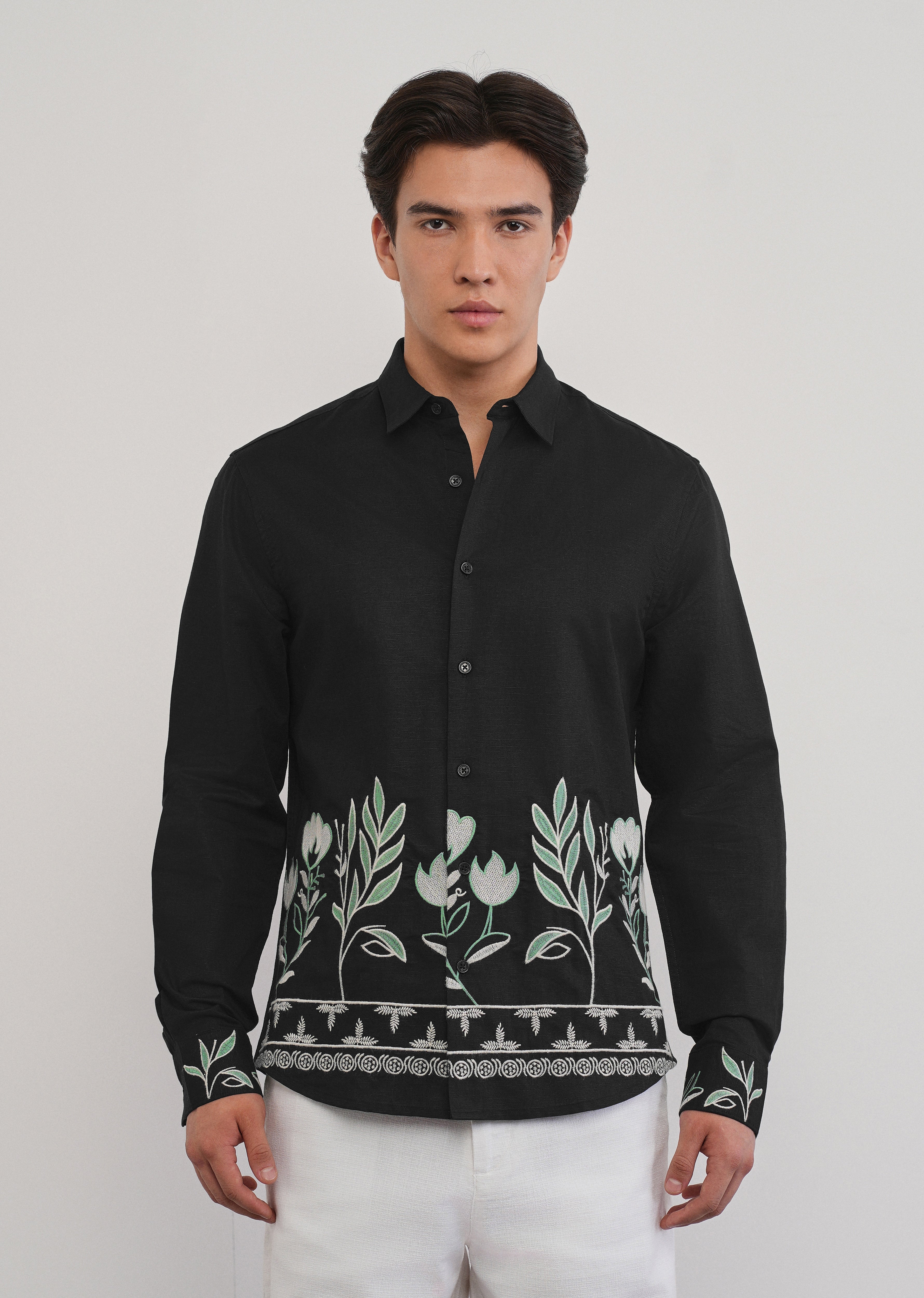 Black Floral Hem Embroidered Shirt