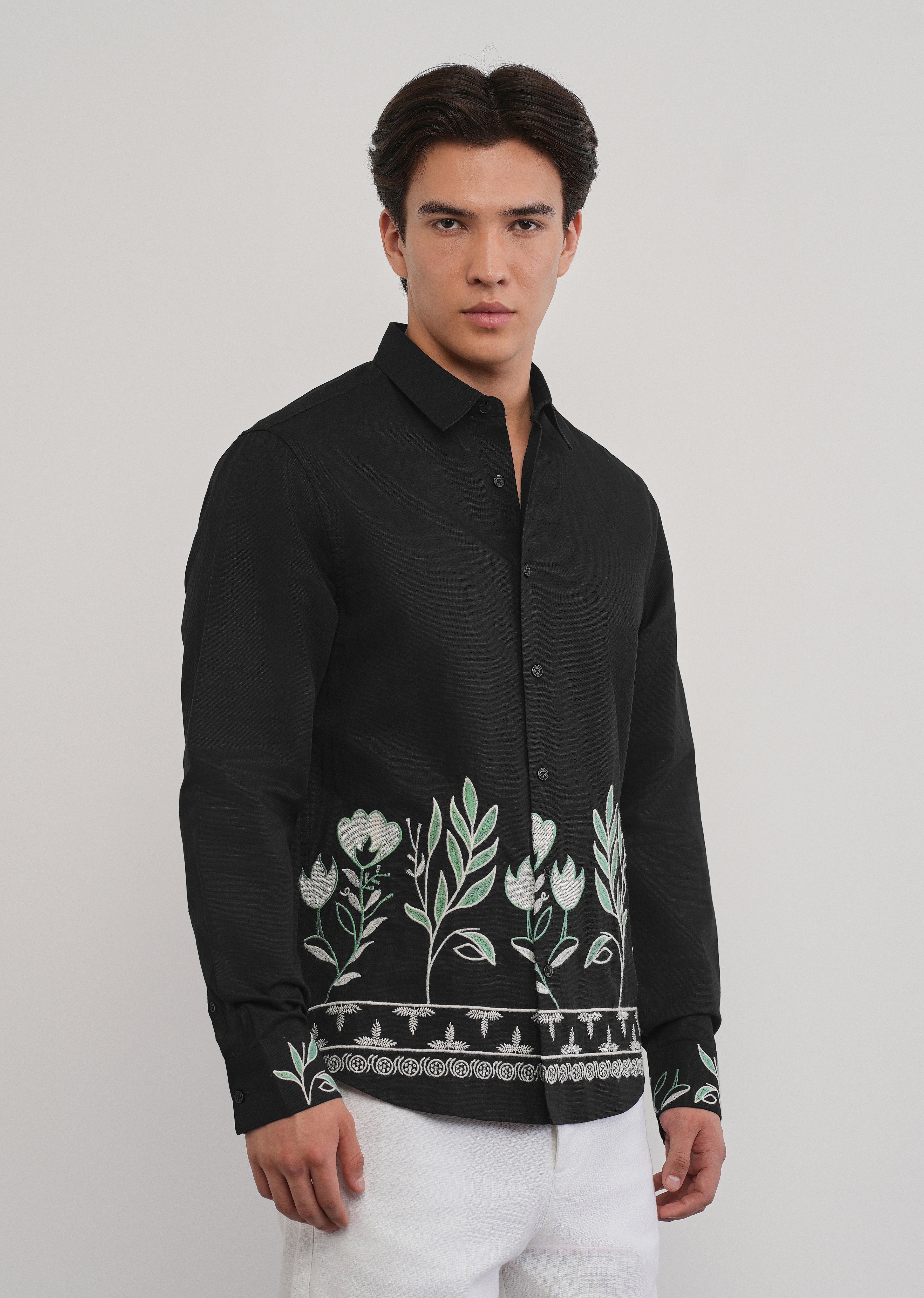 Black Floral Hem Embroidered Shirt