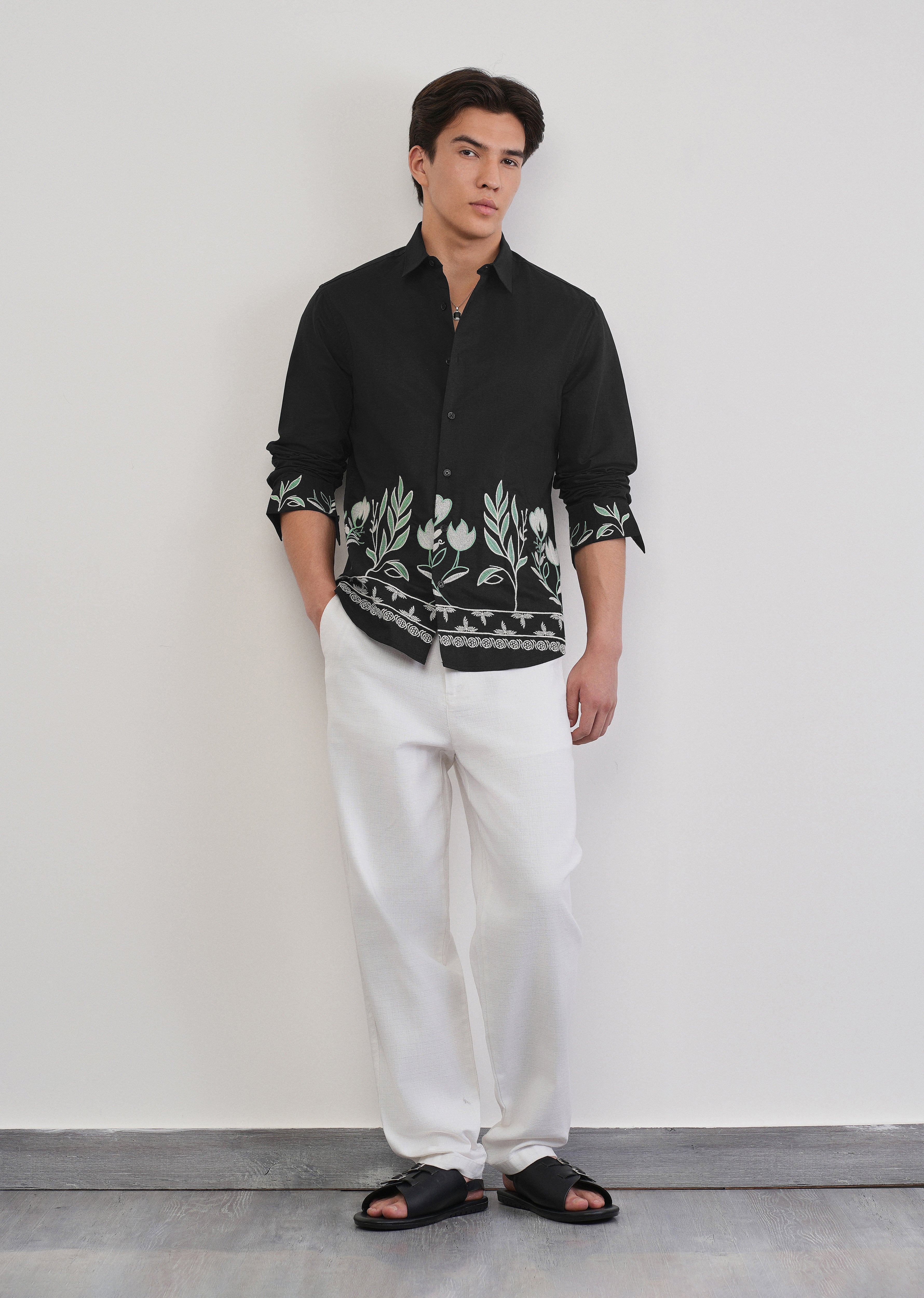 Black Floral Hem Embroidered Shirt