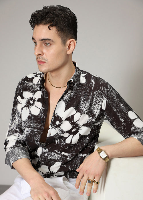 Black Floral Line Print Shirt