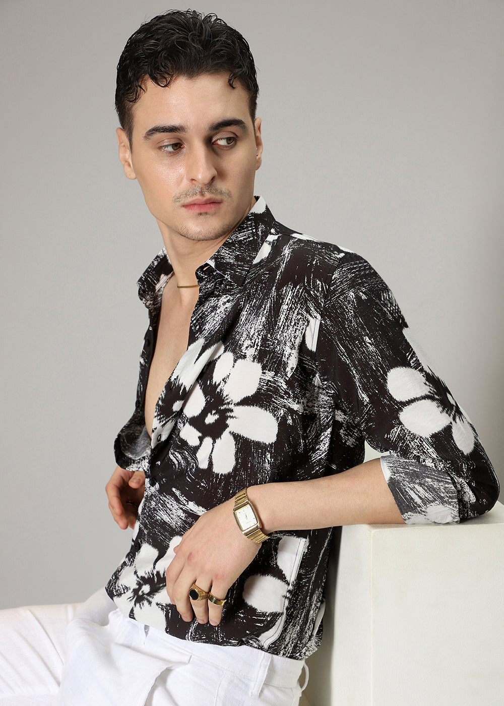 Black Floral Line Print Shirt