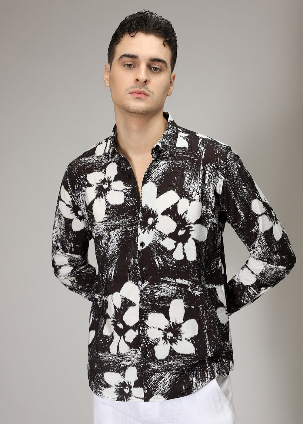 Black Floral Line Print Shirt