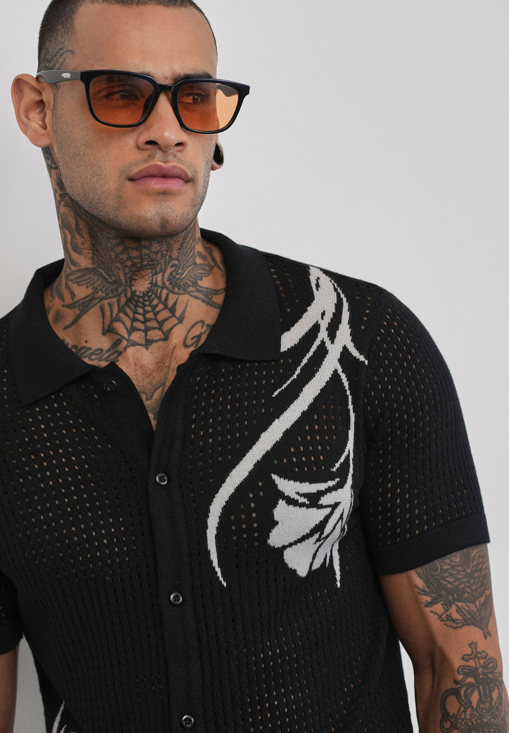 Black Floral Open Knit Shirt